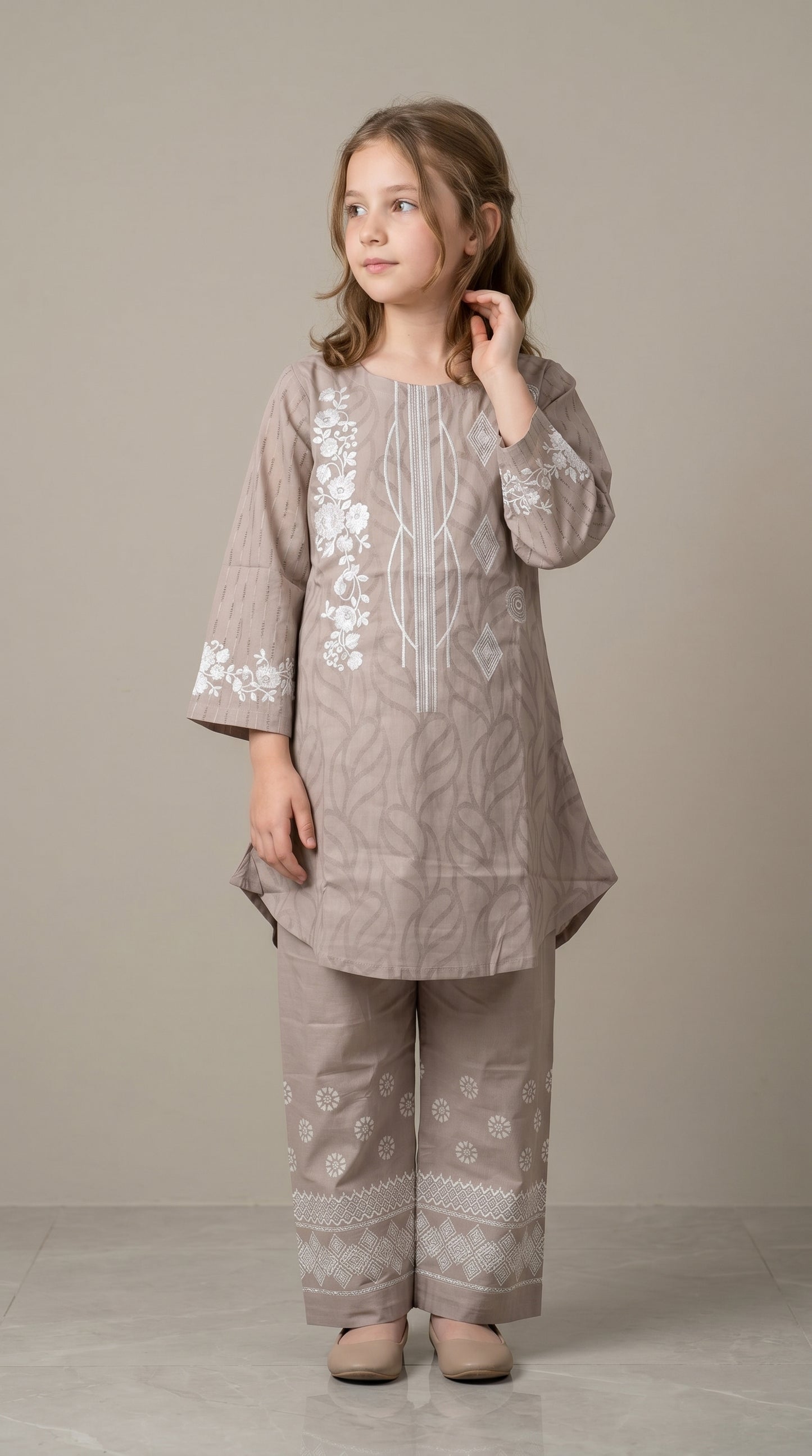 Cotton embroidery frock Set 1538 Beige With dupatta