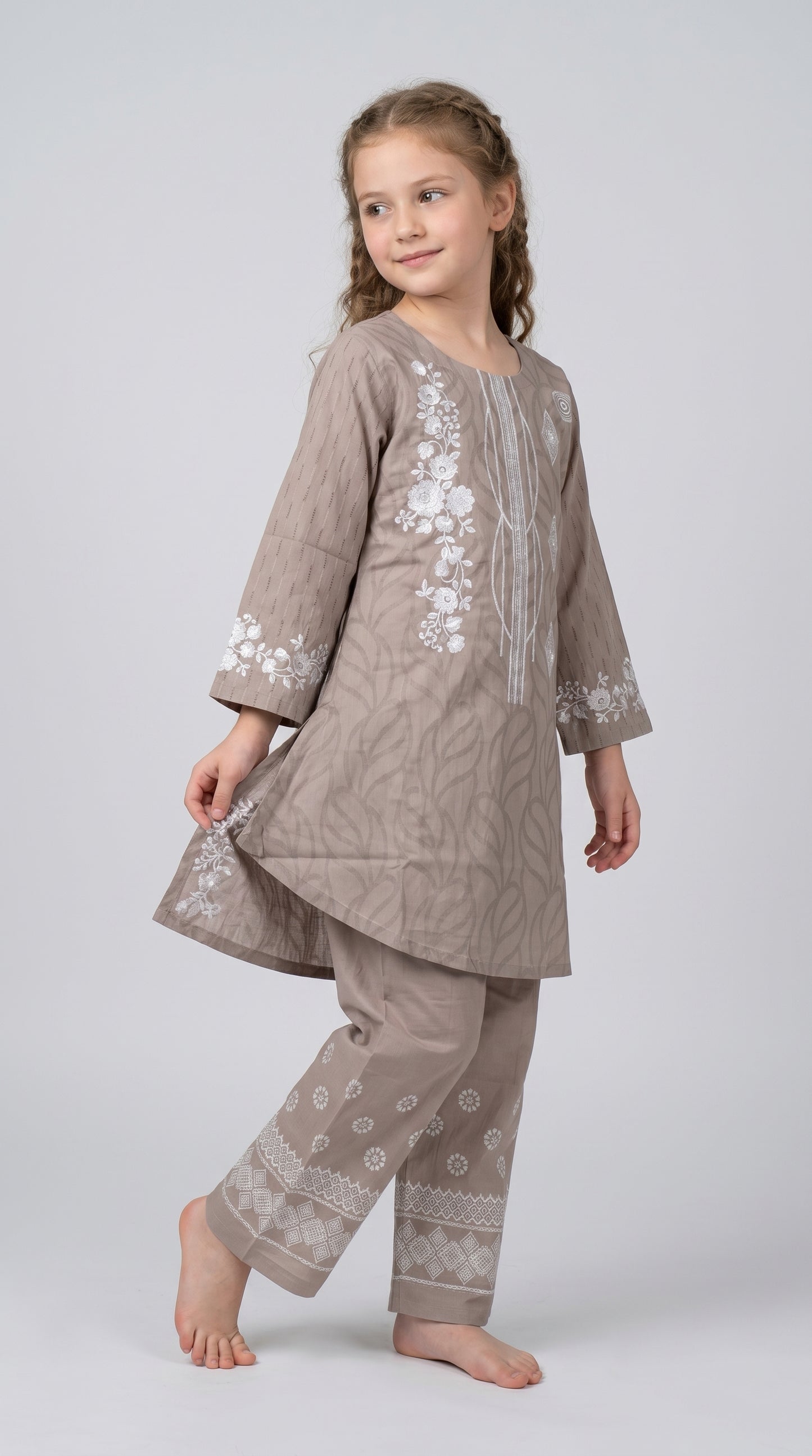 Cotton embroidery frock Set 1538 Beige With dupatta
