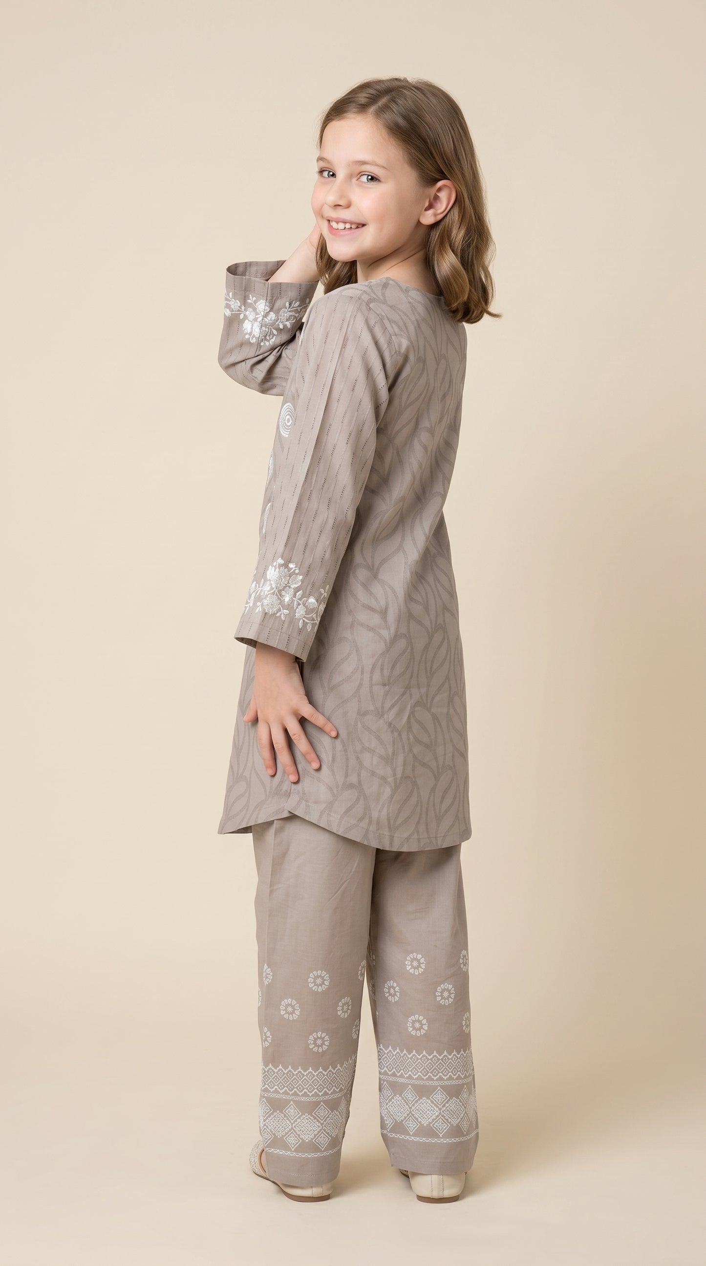 Cotton embroidery frock Set 1538 Beige With dupatta