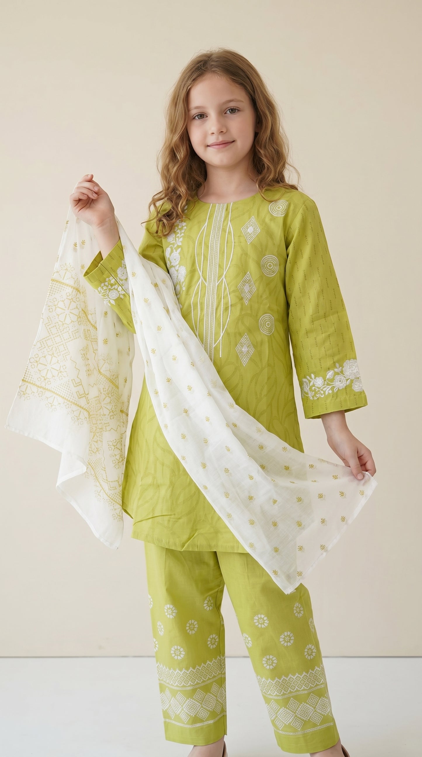 Cotton Embroidery Frock set 1535 Green With dupatta