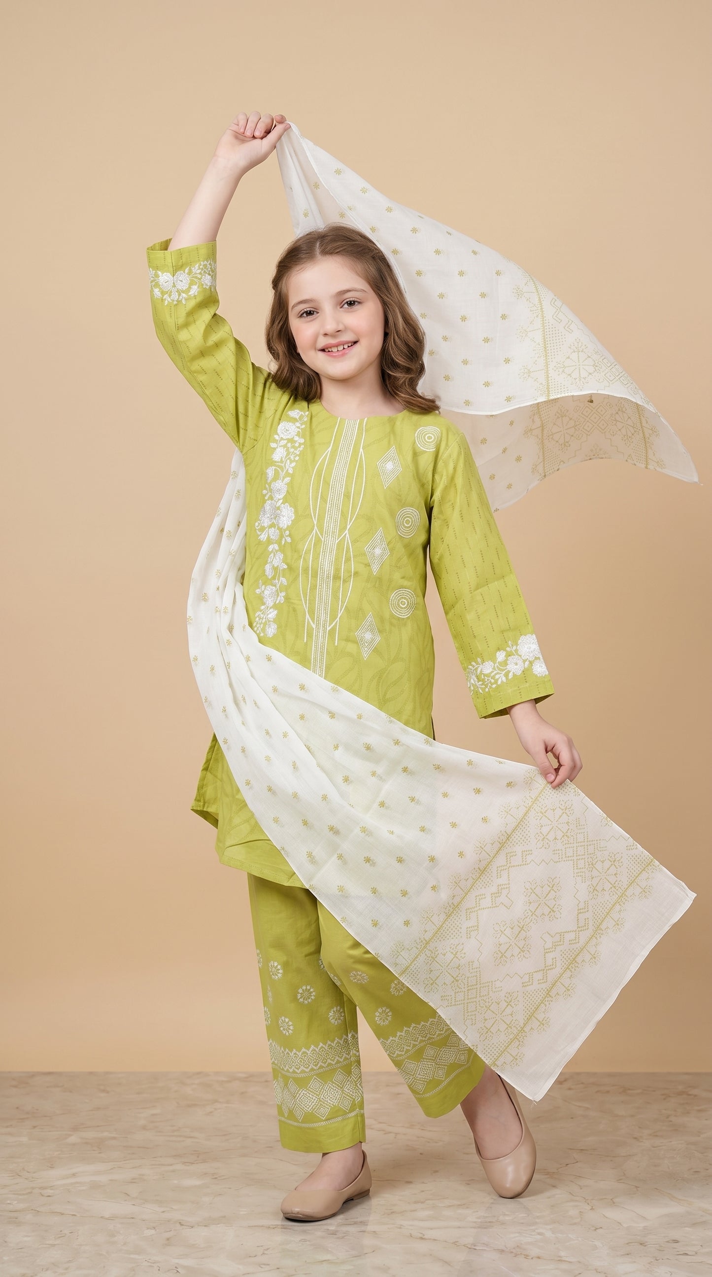 Cotton Embroidery Frock set 1535 Green With dupatta
