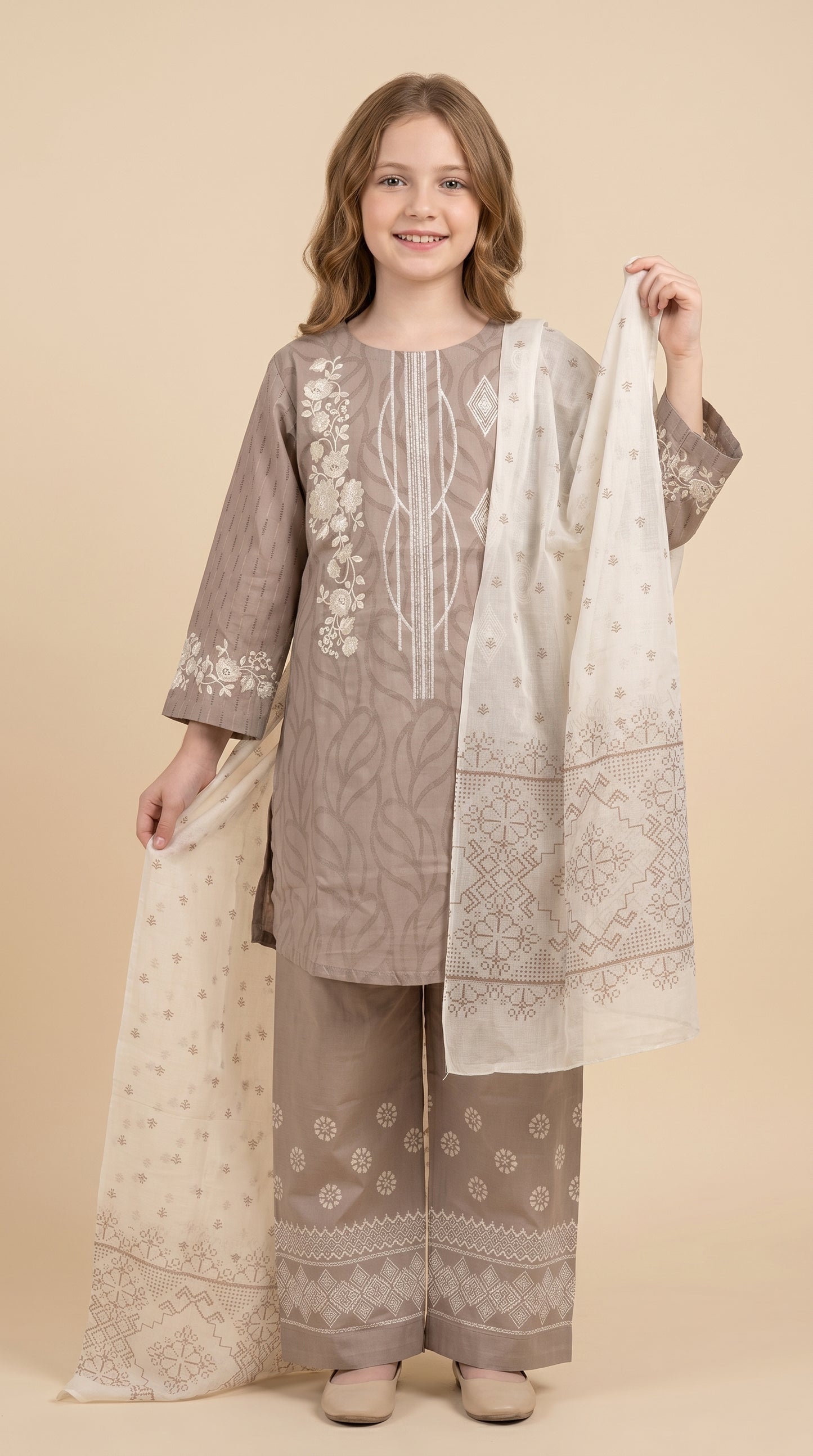 Cotton embroidery frock Set 1538 Beige With dupatta