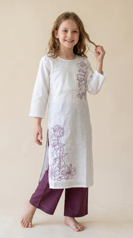Cotton Embroidery Kurti set 1536 Purple