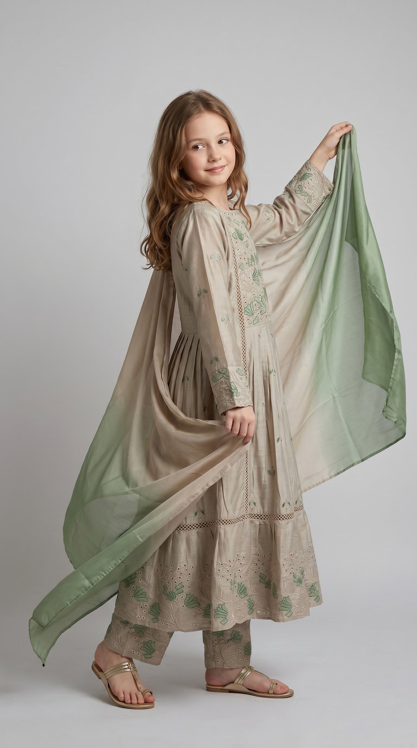 Cotton Embroidery Gown Set 4896 Beige With Dupatta