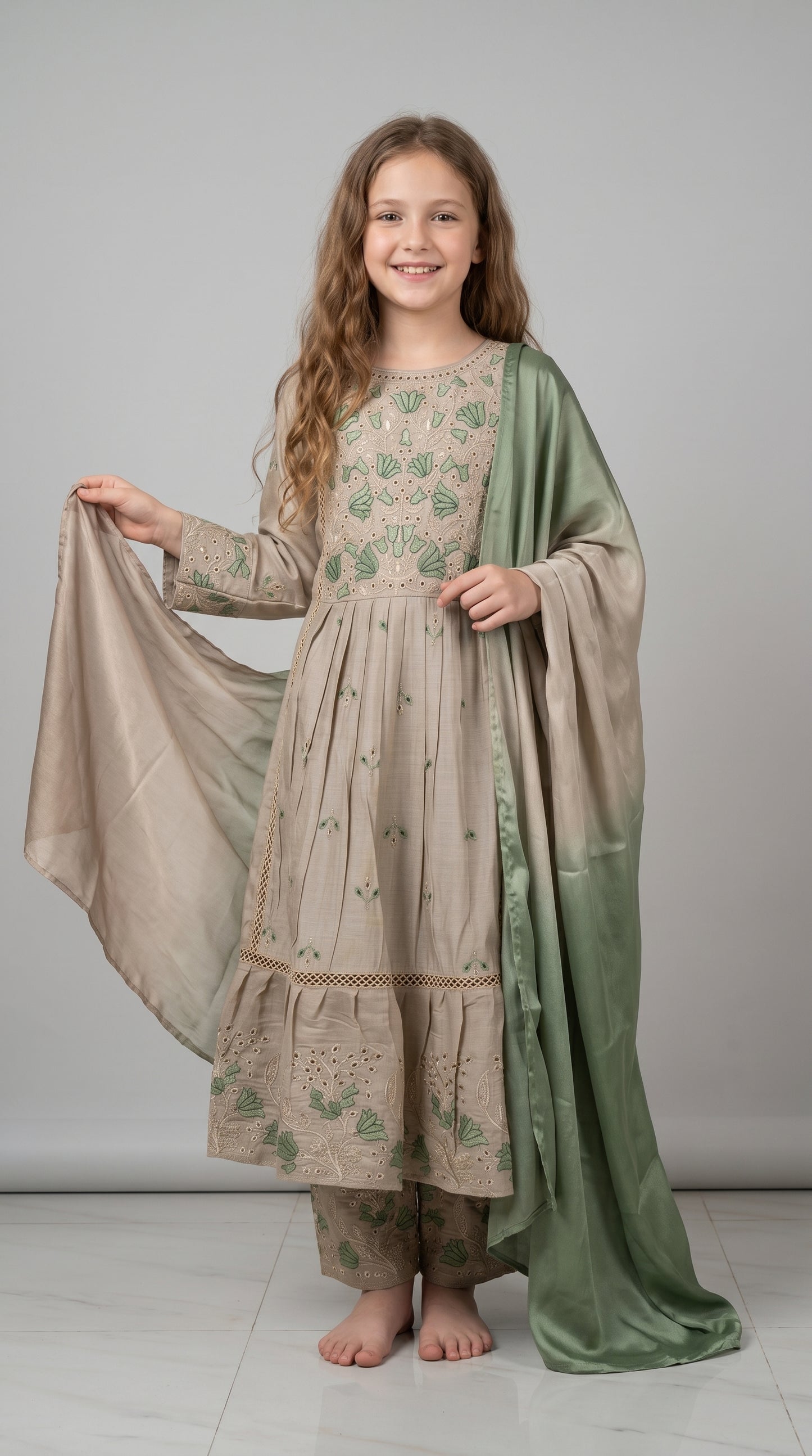 Cotton Embroidery Gown Set 4896 Beige With Dupatta