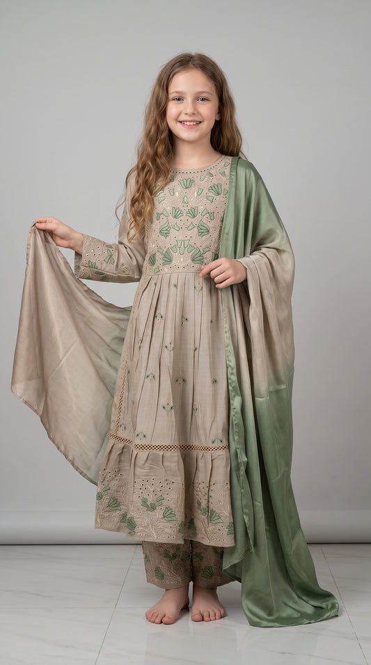 Cotton Embroidery Gown Set 4896 Beige With Dupatta
