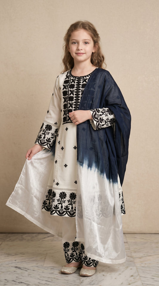 Cotton Embroidery Frock set 4744 White With Dupatta
