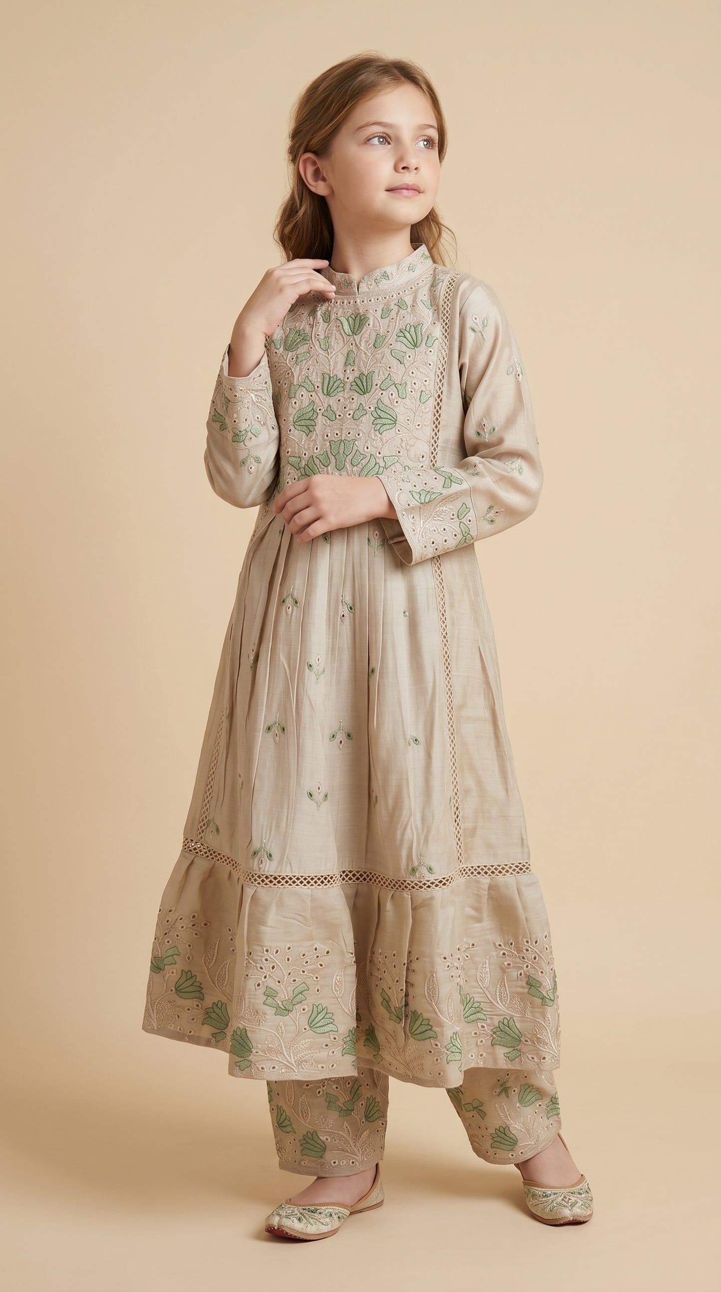 Cotton Embroidery Gown Set 4896 Beige With Dupatta