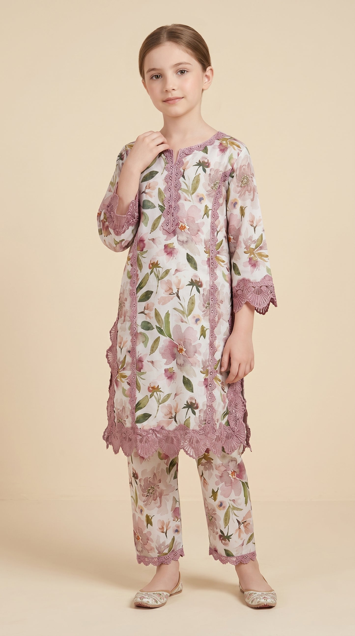 Cotton Printed Lace work Kurti Set 1541 Pink