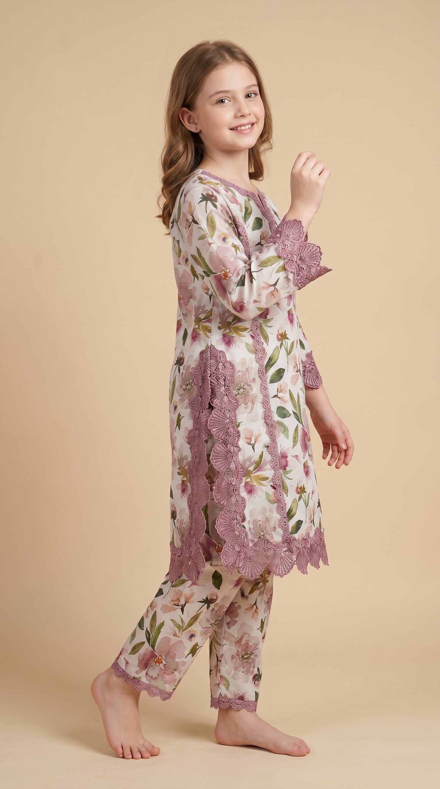 Cotton Printed Lace work Kurti Set 1541 Pink