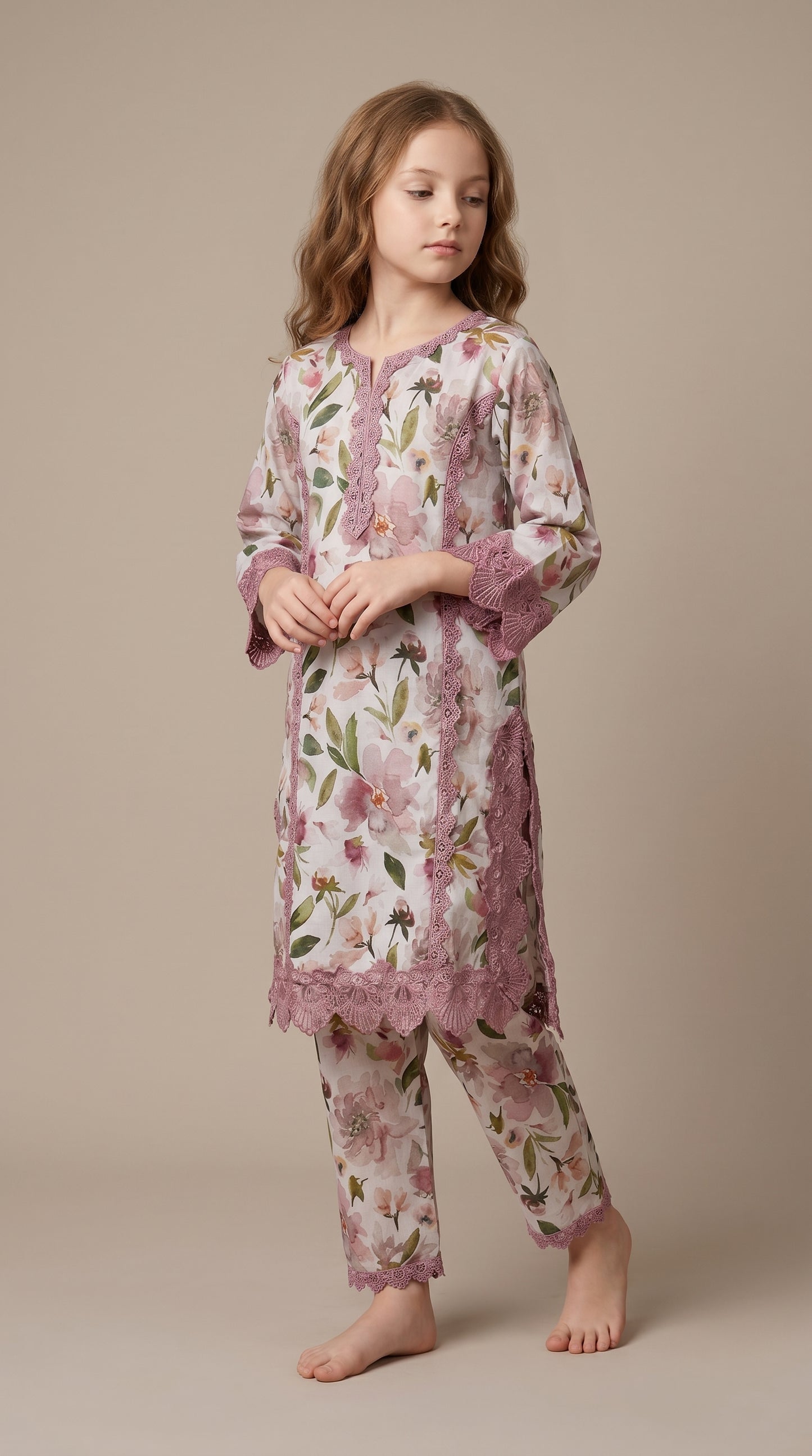 Cotton Printed Lace work Kurti Set 1541 Pink