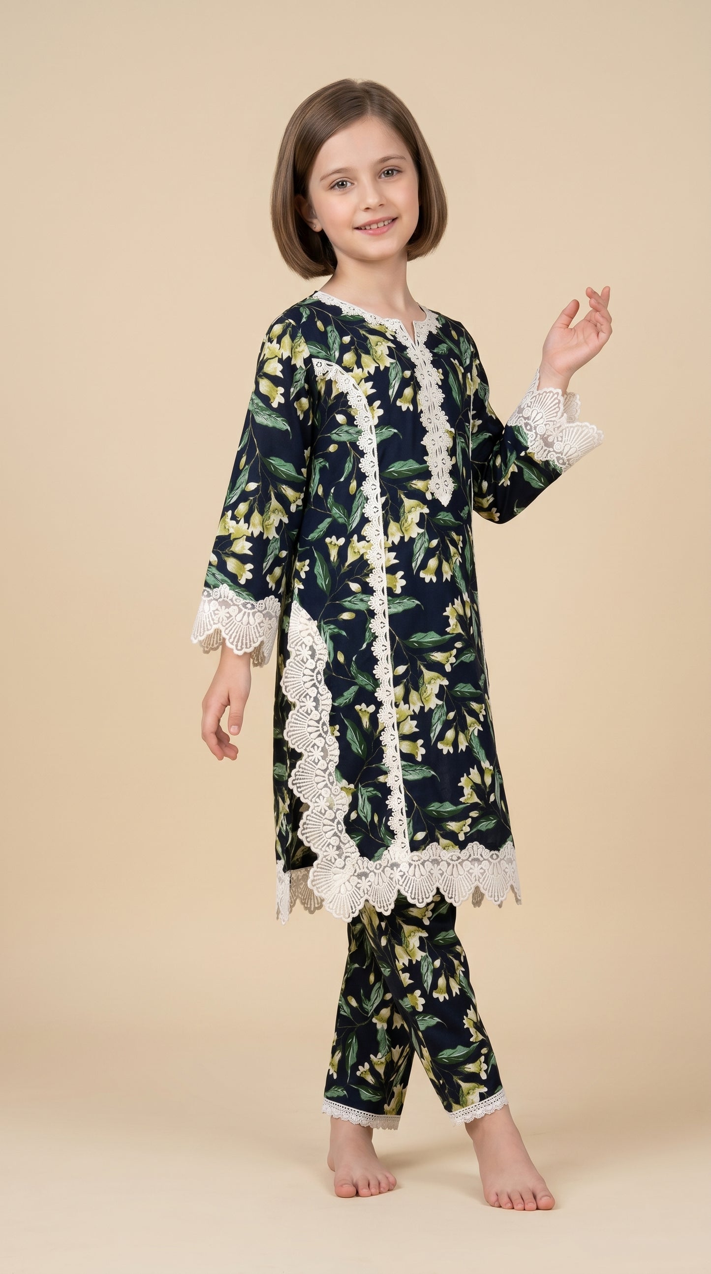 Cotton Printed Lace Work Kurti set 1542 Black
