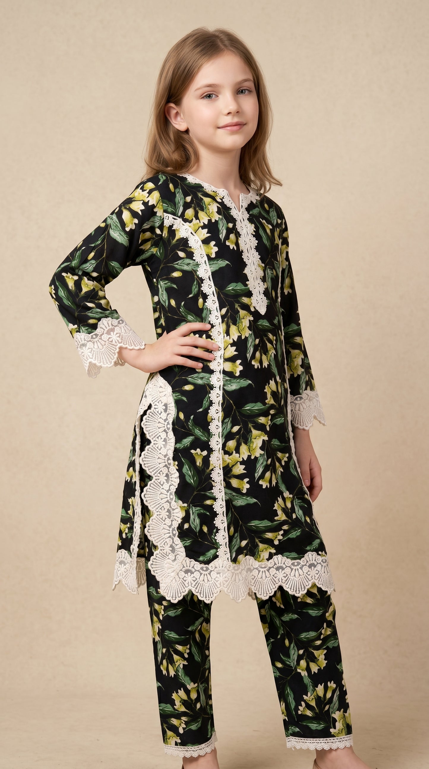 Cotton Printed Lace Work Kurti set 1542 Black