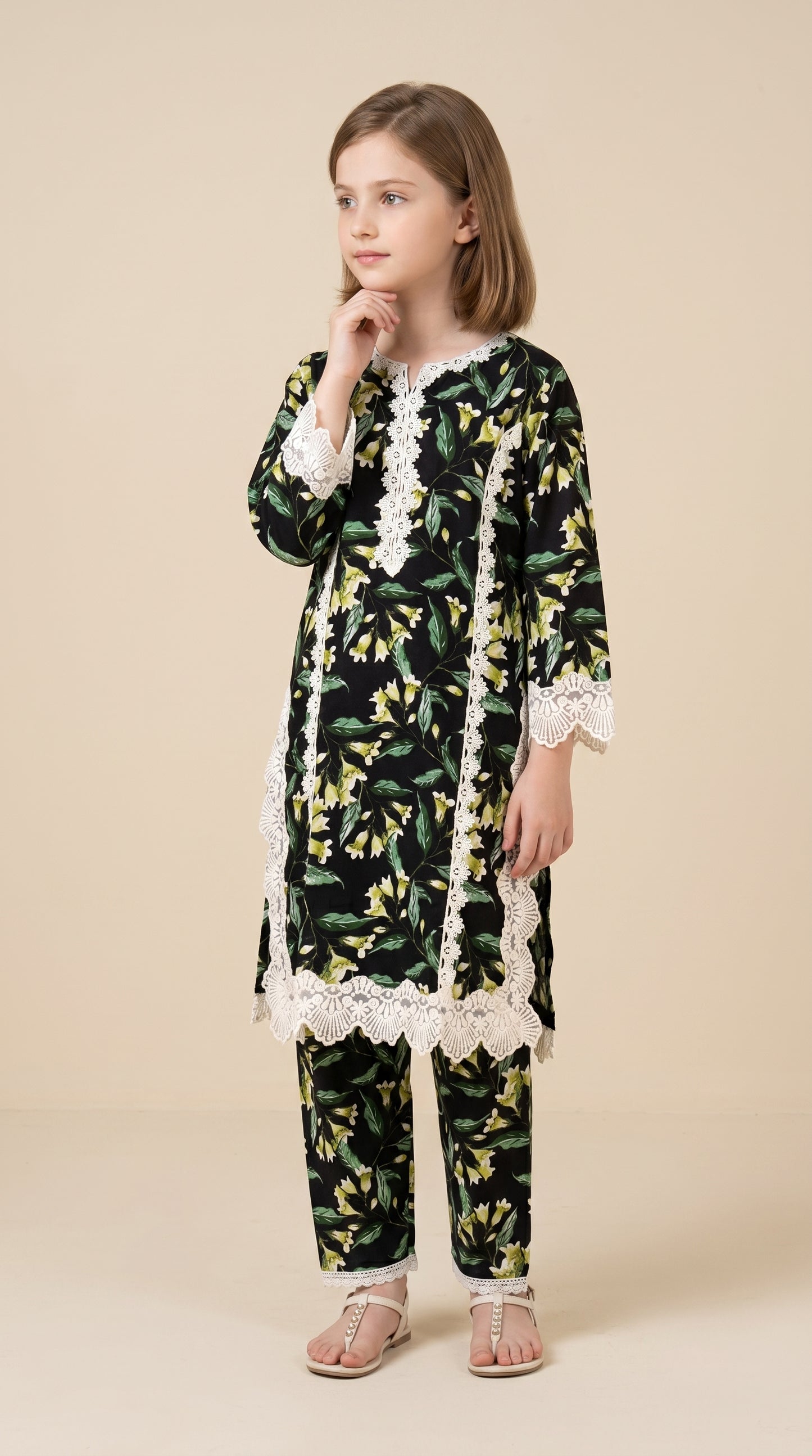 Cotton Printed Lace Work Kurti set 1542 Black