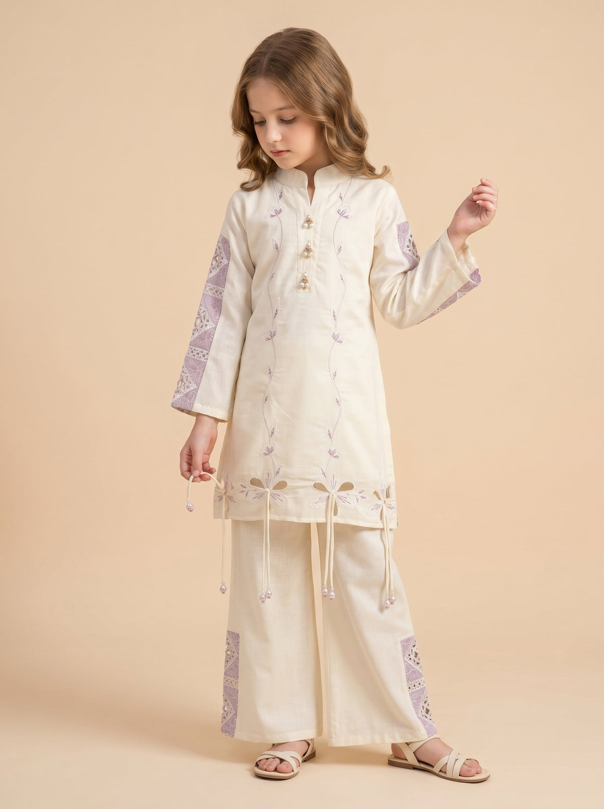 Cotton Embroidery Cut Work Kurti Set 1524 Cream
