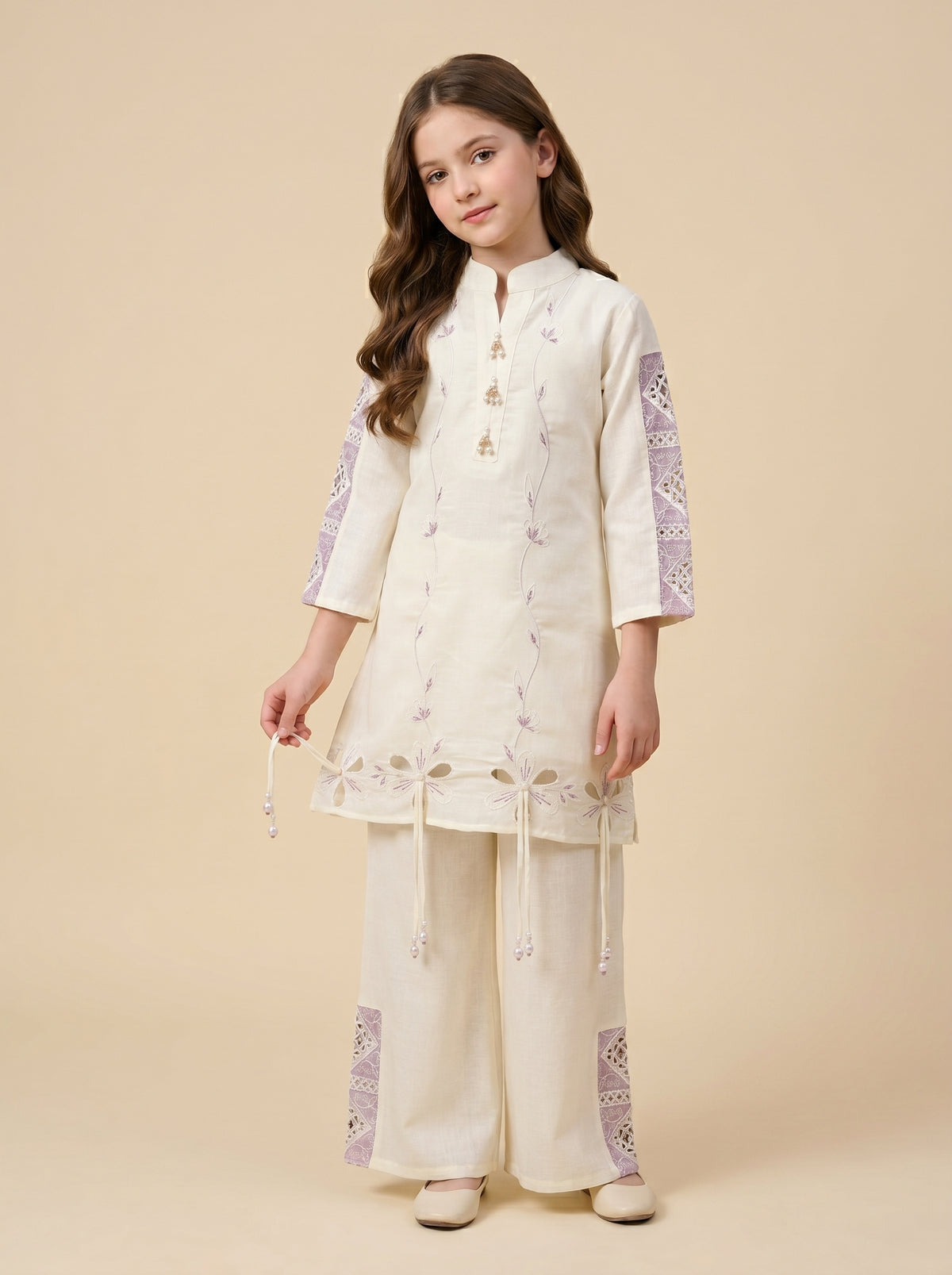 Cotton Embroidery Cut Work Kurti Set 1524 Cream