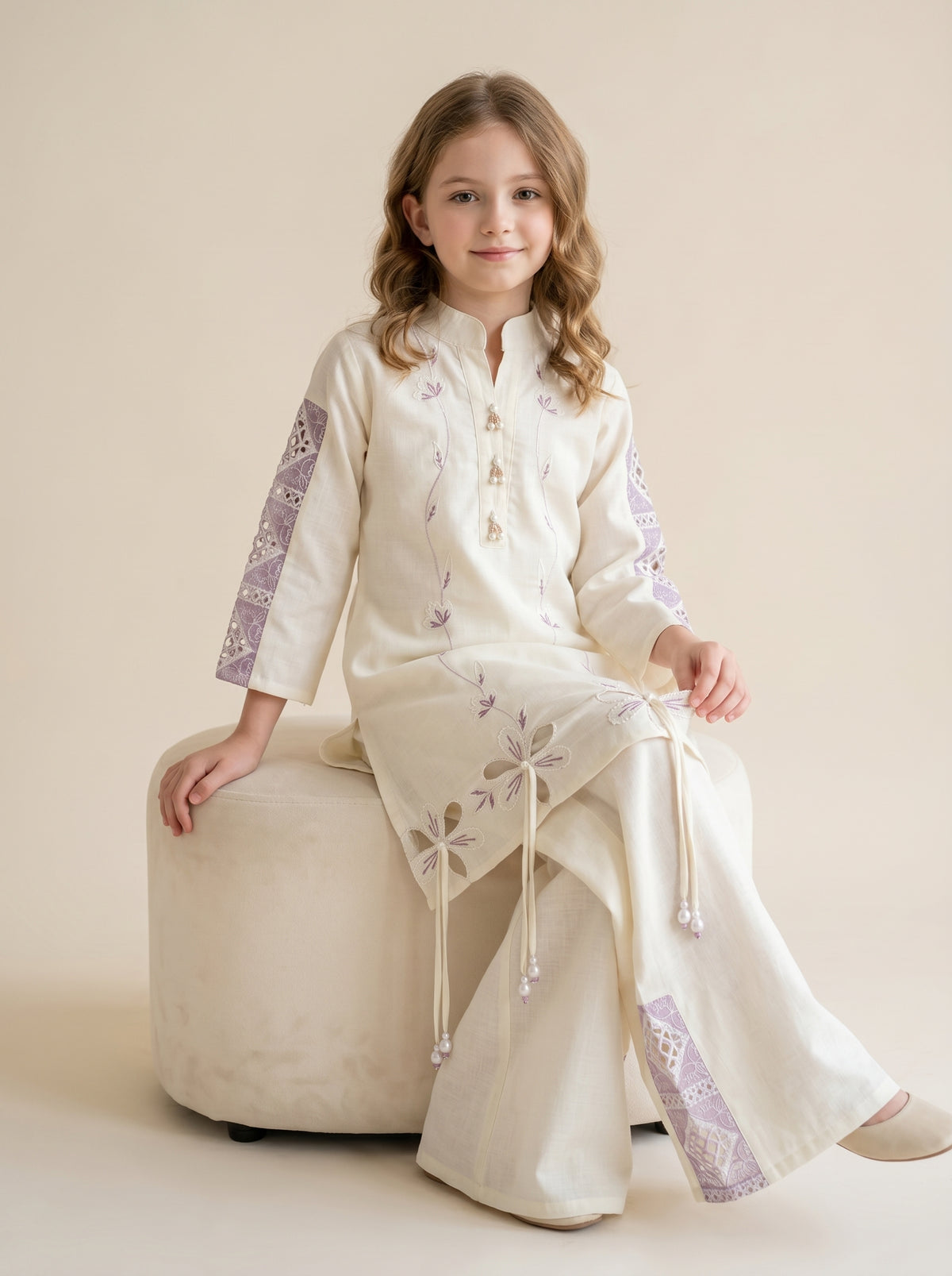 Cotton Embroidery Cut Work Kurti Set 1524 Cream