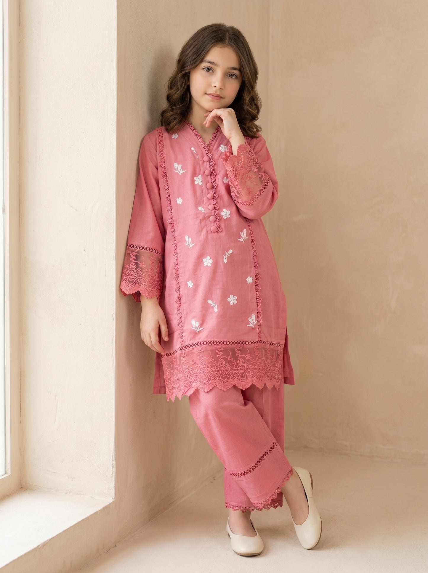 Cotton Embroidery Kurti set 1547 Pink