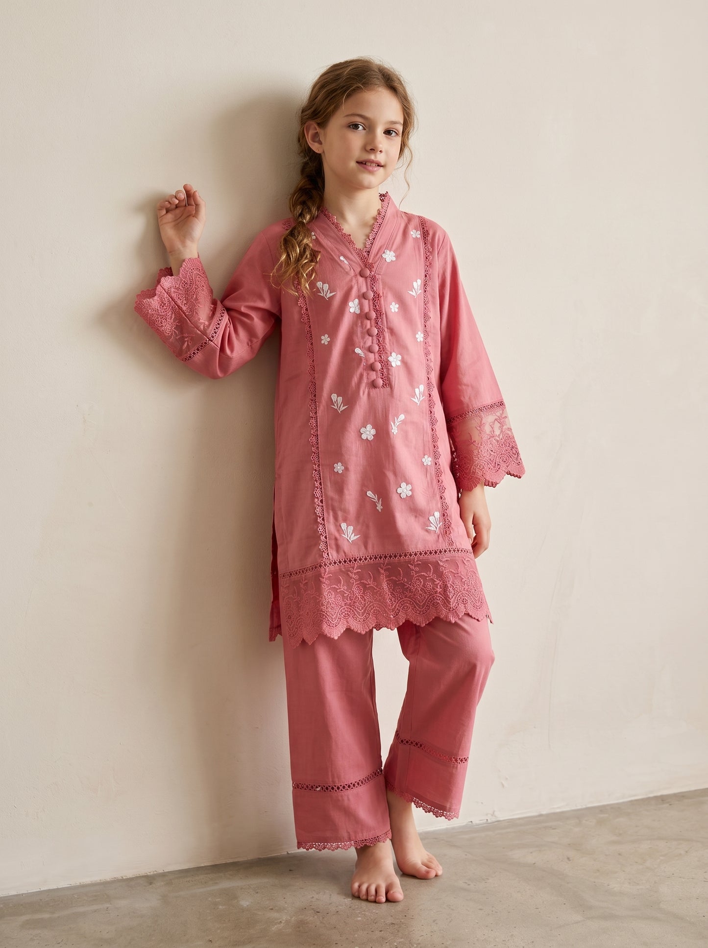 Cotton Embroidery Kurti set 1547 Pink