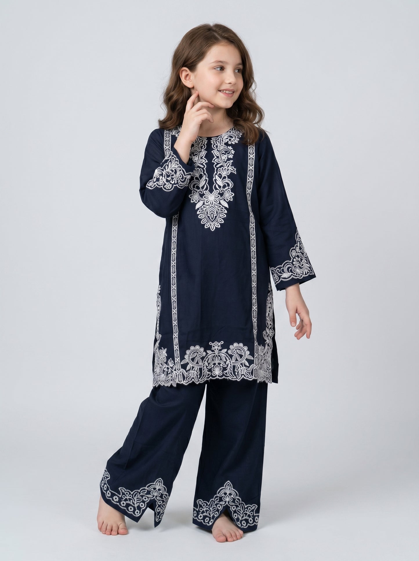 Cotton Embroidery Boot Cut Pant Set 1658 Blue
