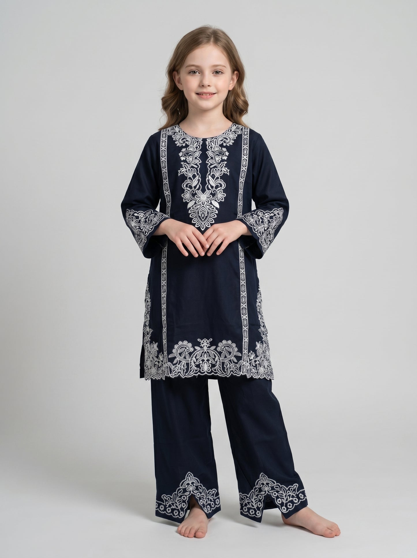 Cotton Embroidery Boot Cut Pant Set 1658 Blue