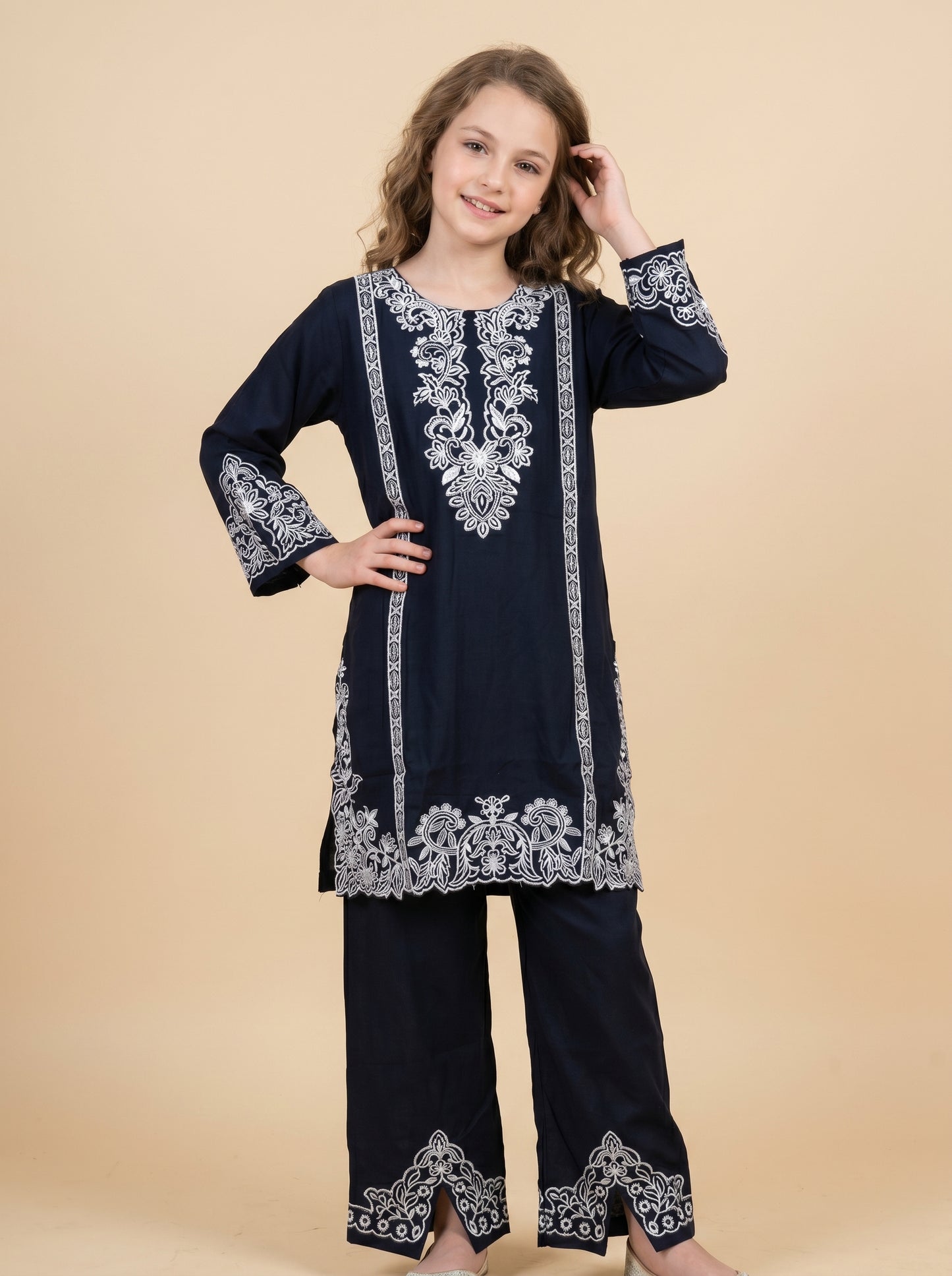 Cotton Embroidery Boot Cut Pant Set 1658 Blue