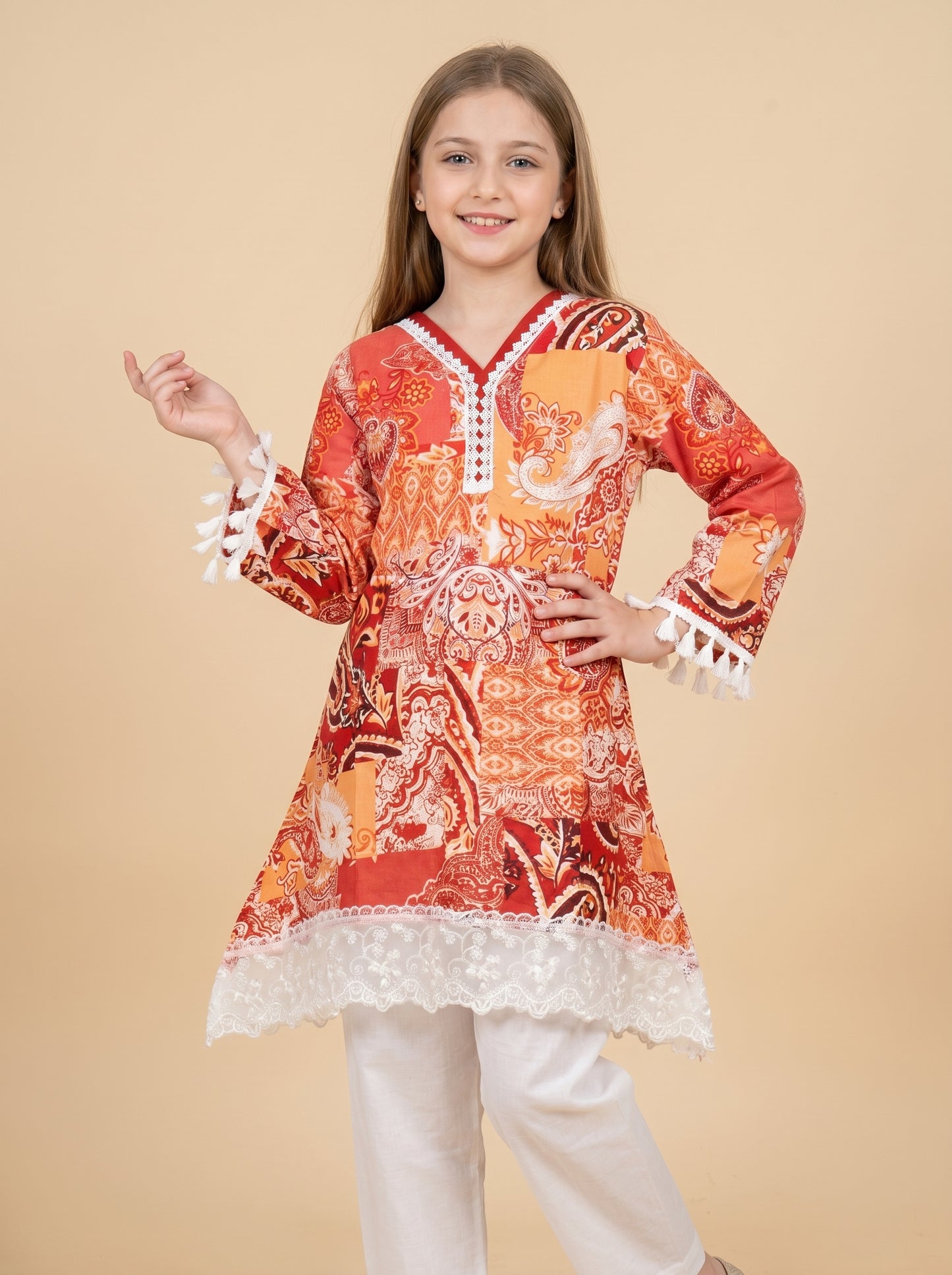 Cotton Printed Lace Work frock set 1550 Orange