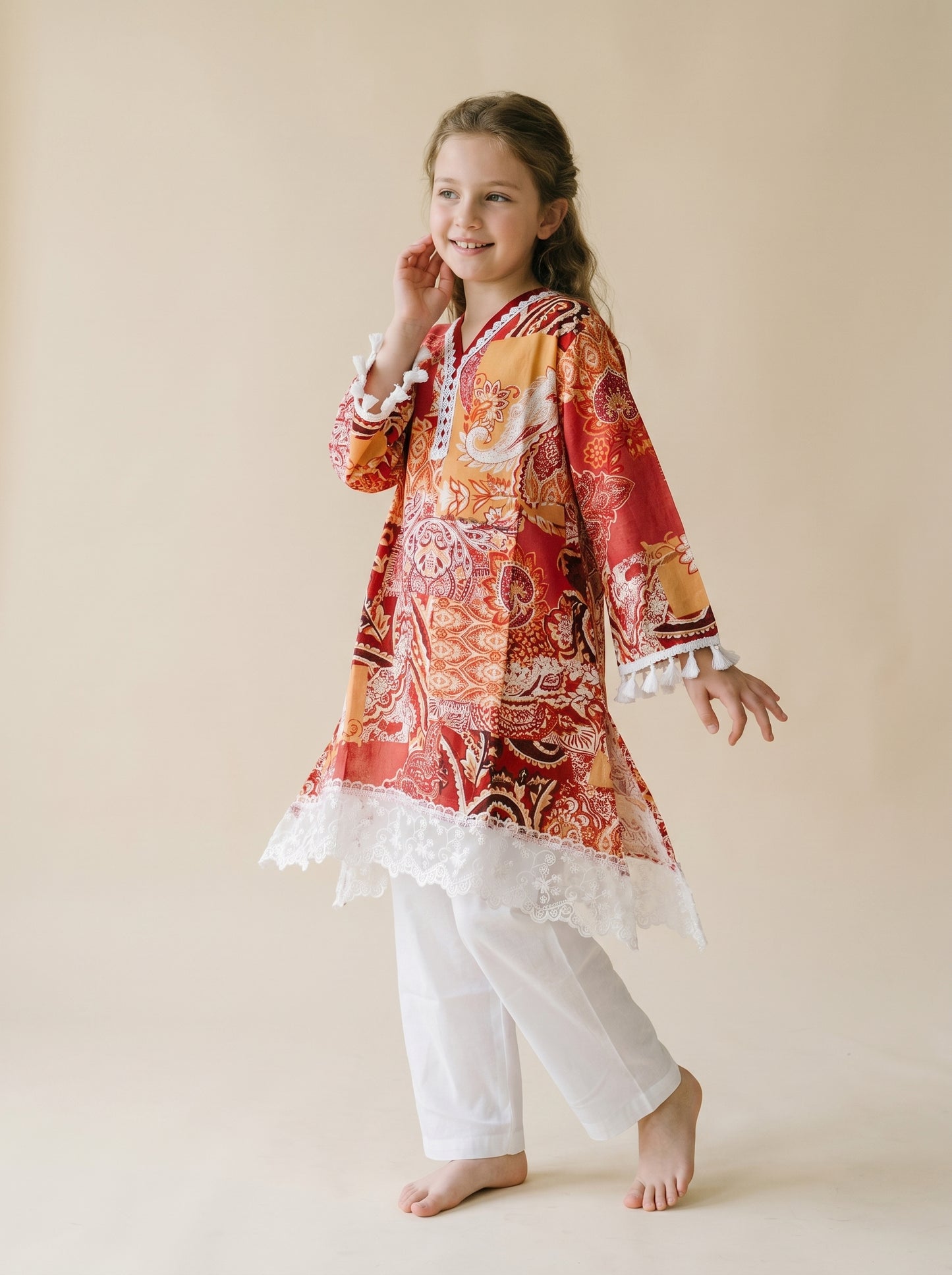Cotton Printed Lace Work frock set 1550 Orange