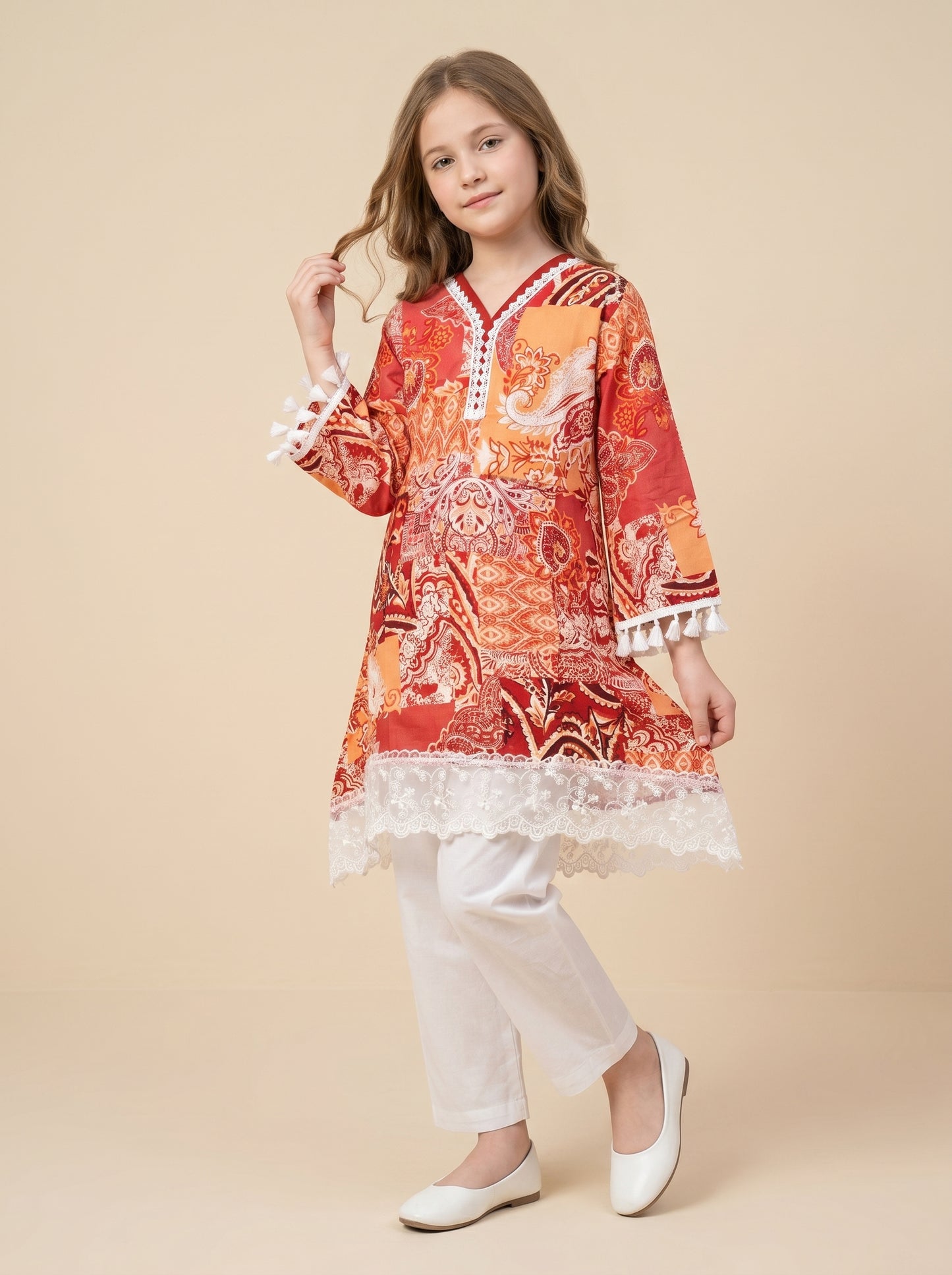Cotton Printed Lace Work frock set 1550 Orange