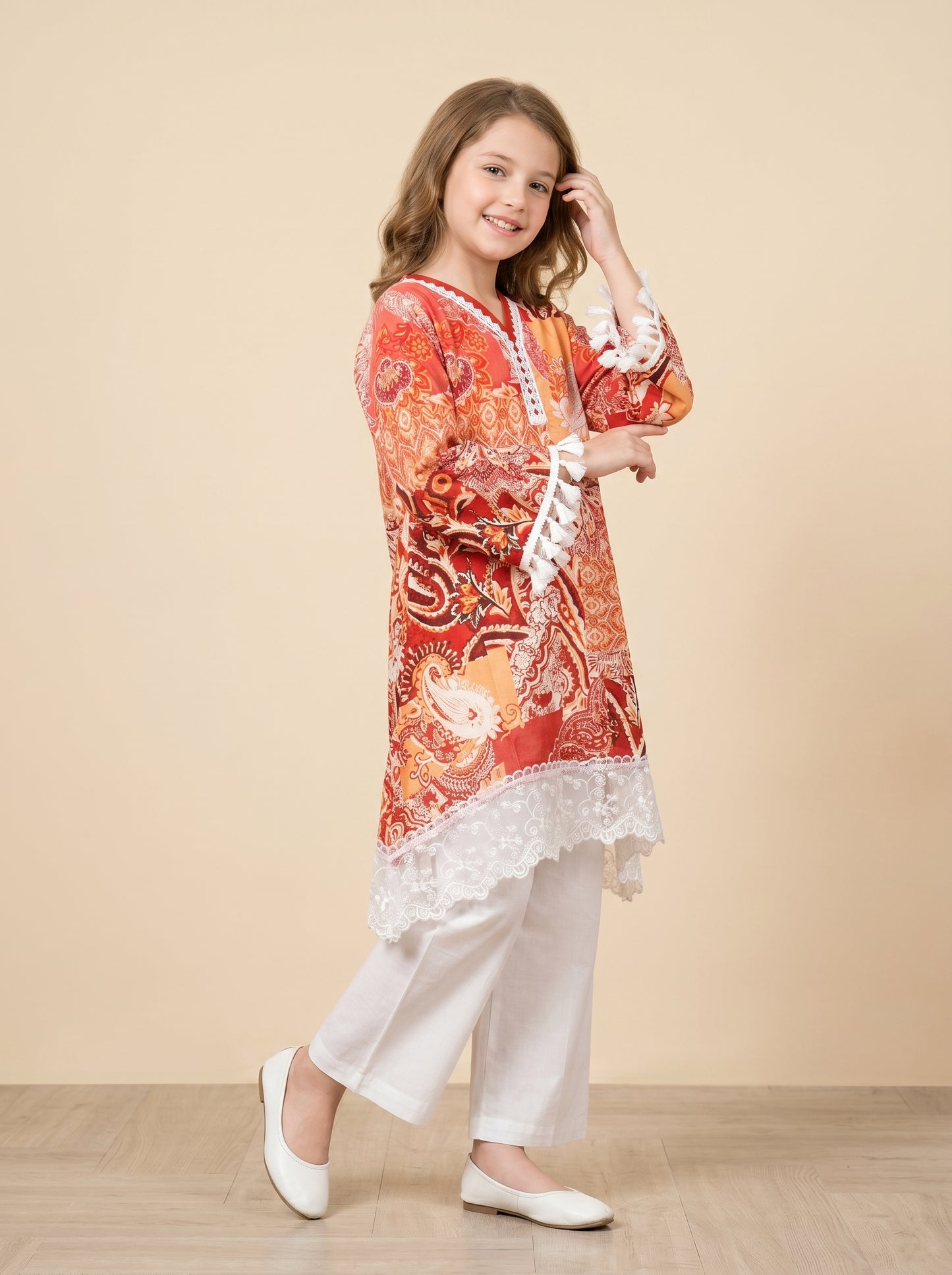 Cotton Printed Lace Work frock set 1550 Orange