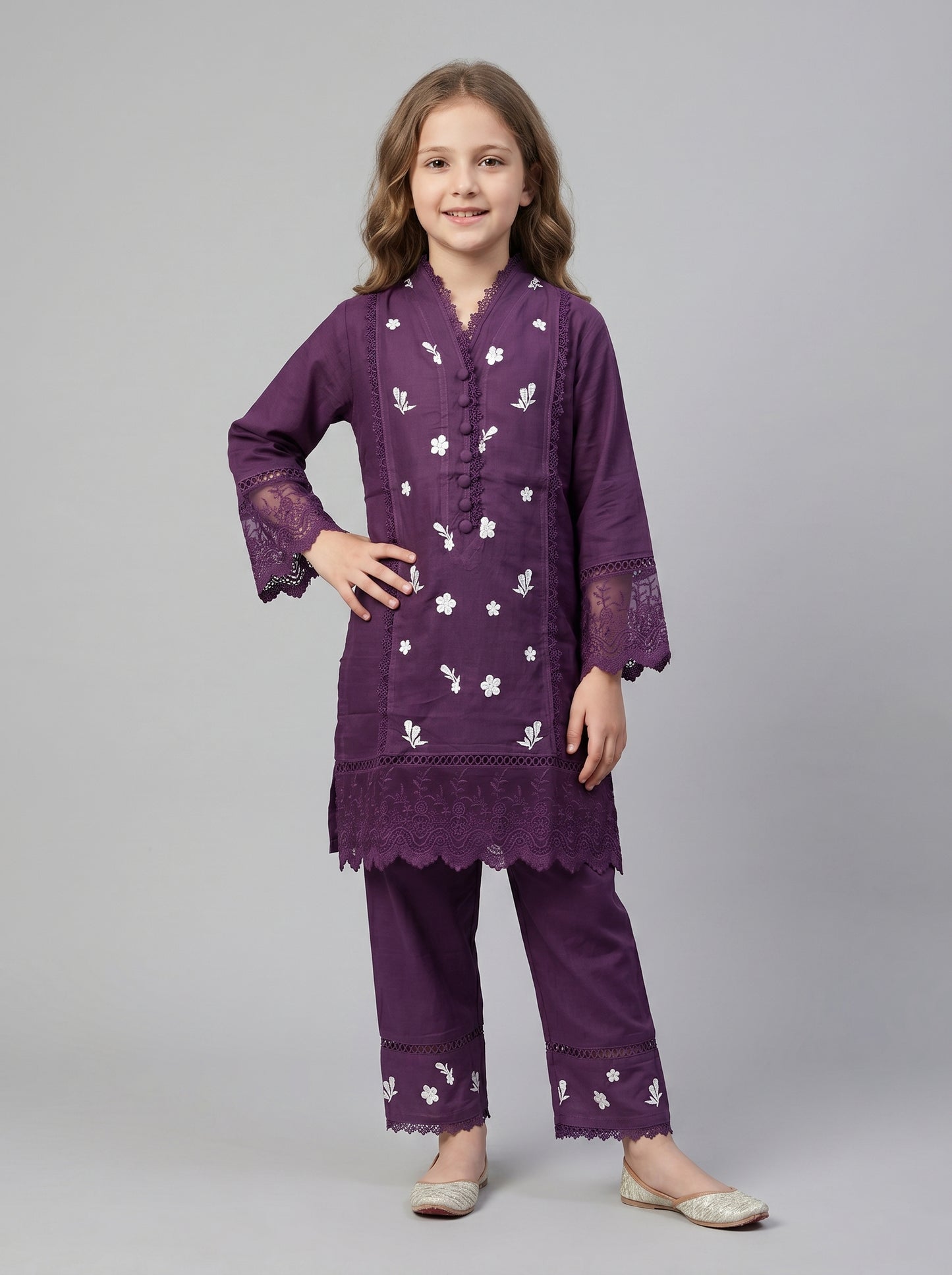 Cotton Embroidery Kurti Set 1553 Purple