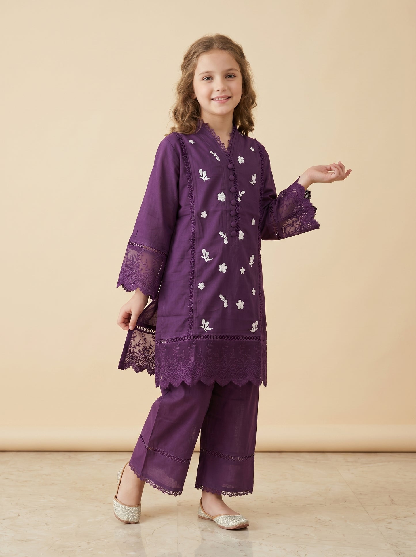 Cotton Embroidery Kurti Set 1553 Purple