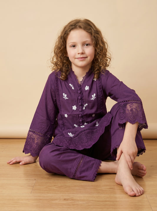 Cotton Embroidery Kurti Set 1553 Purple