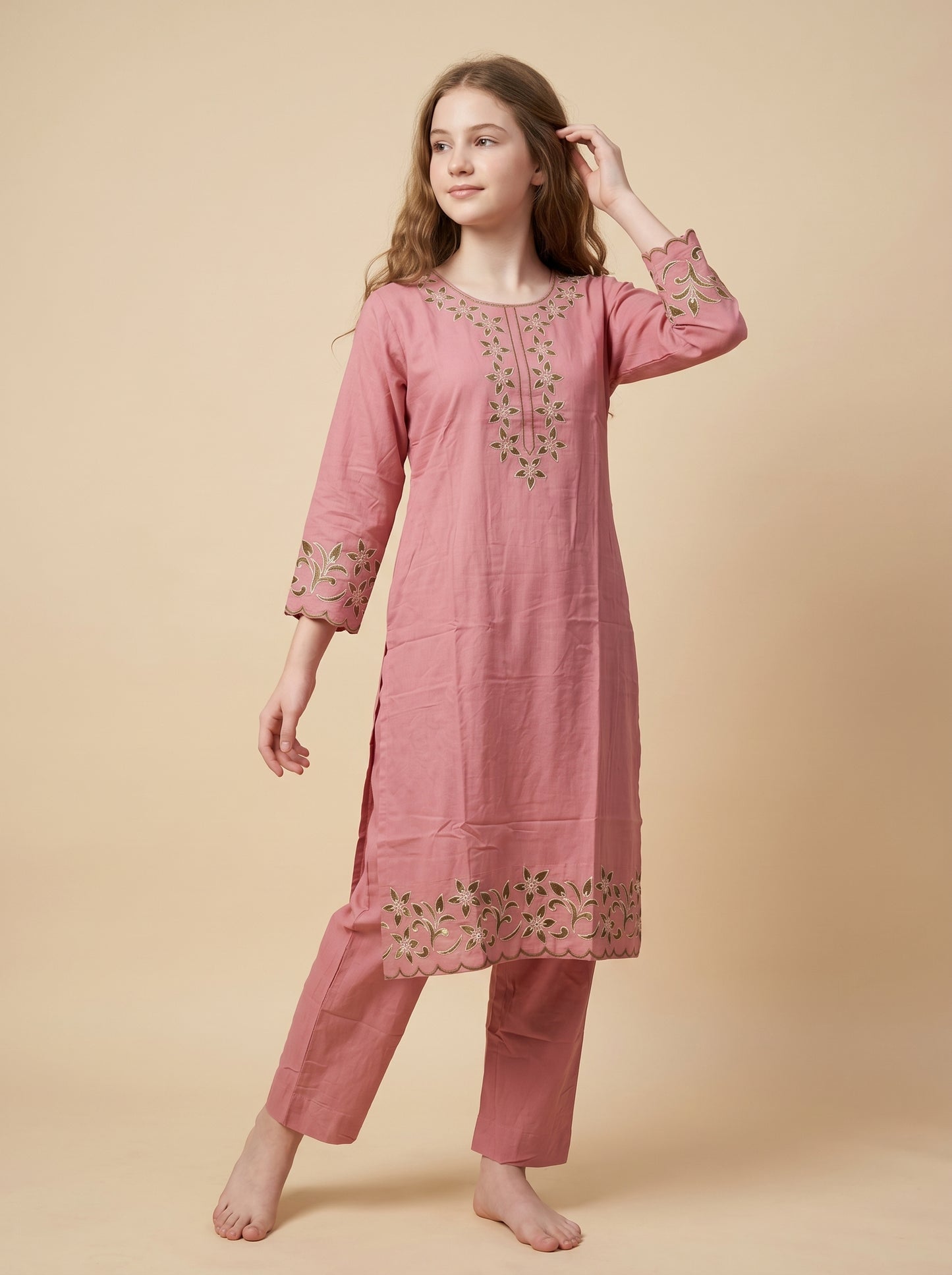 Cotton Embroidery Kurti set 1556 Pink