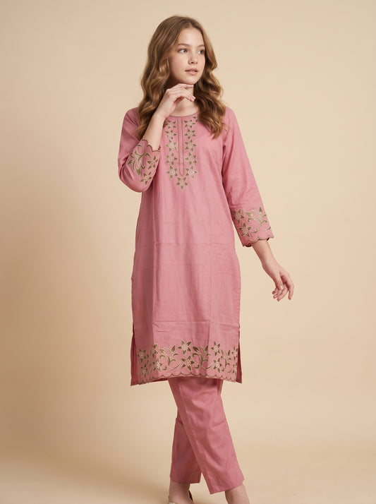 Cotton Embroidery Kurti set 1556 Pink