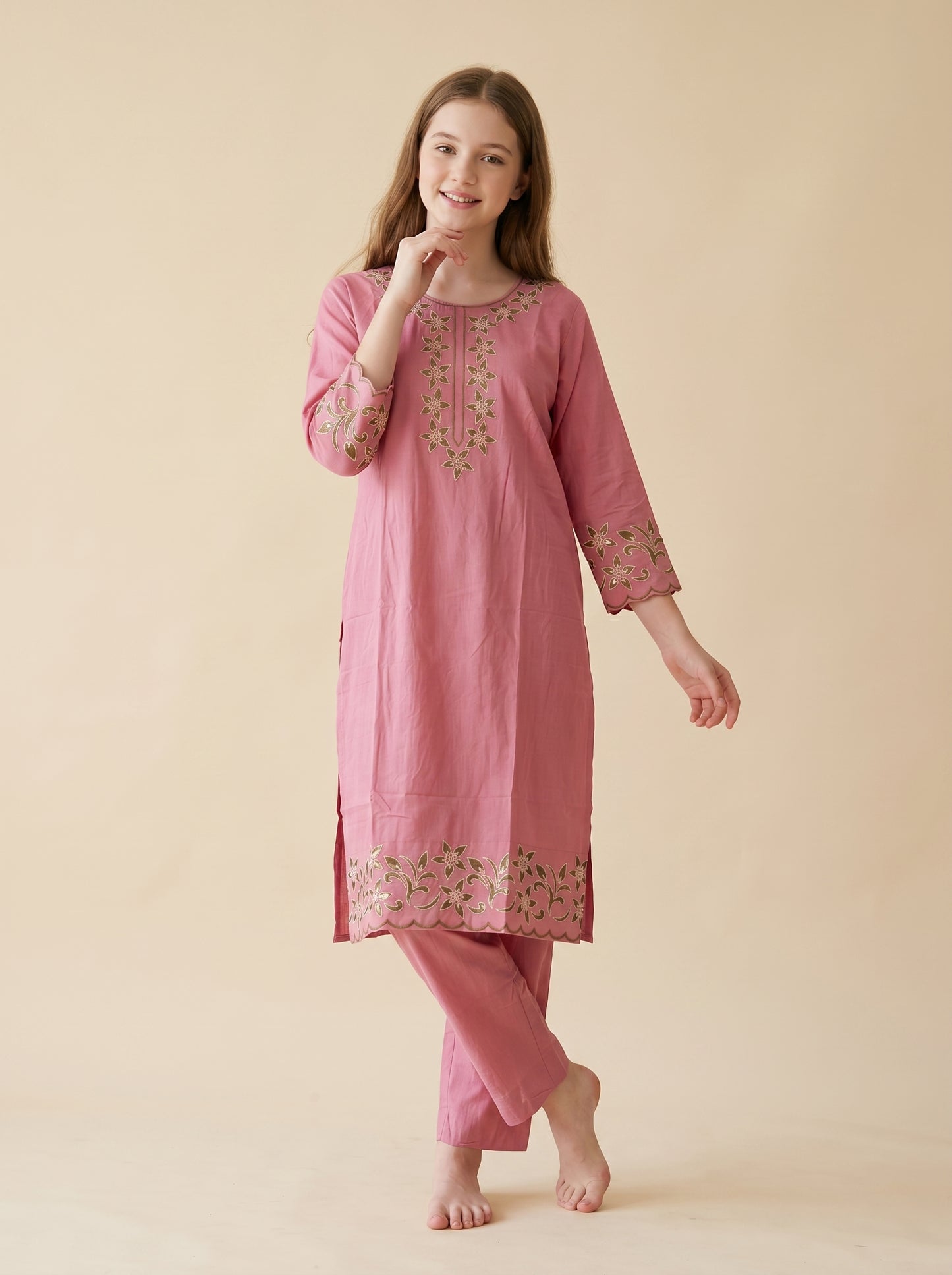 Cotton Embroidery Kurti set 1556 Pink