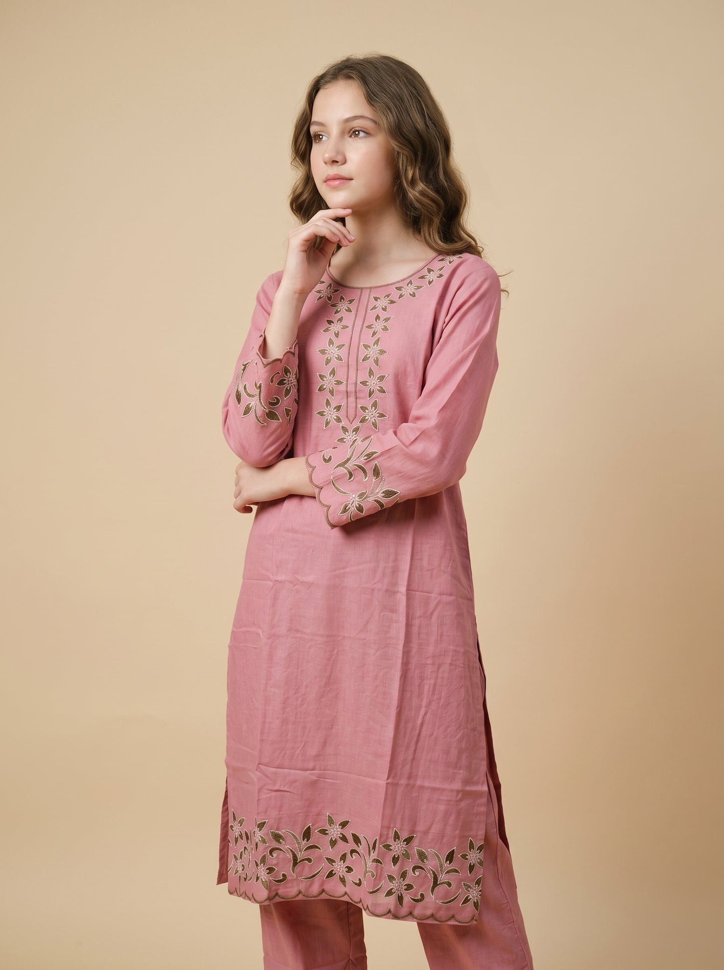 Cotton Embroidery Kurti set 1556 Pink