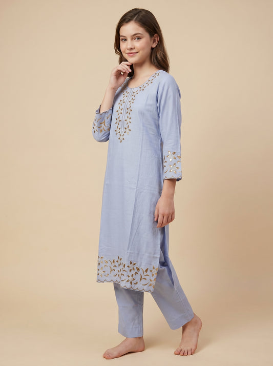 Cotton Embroidery Kurti Set 1557 Blue