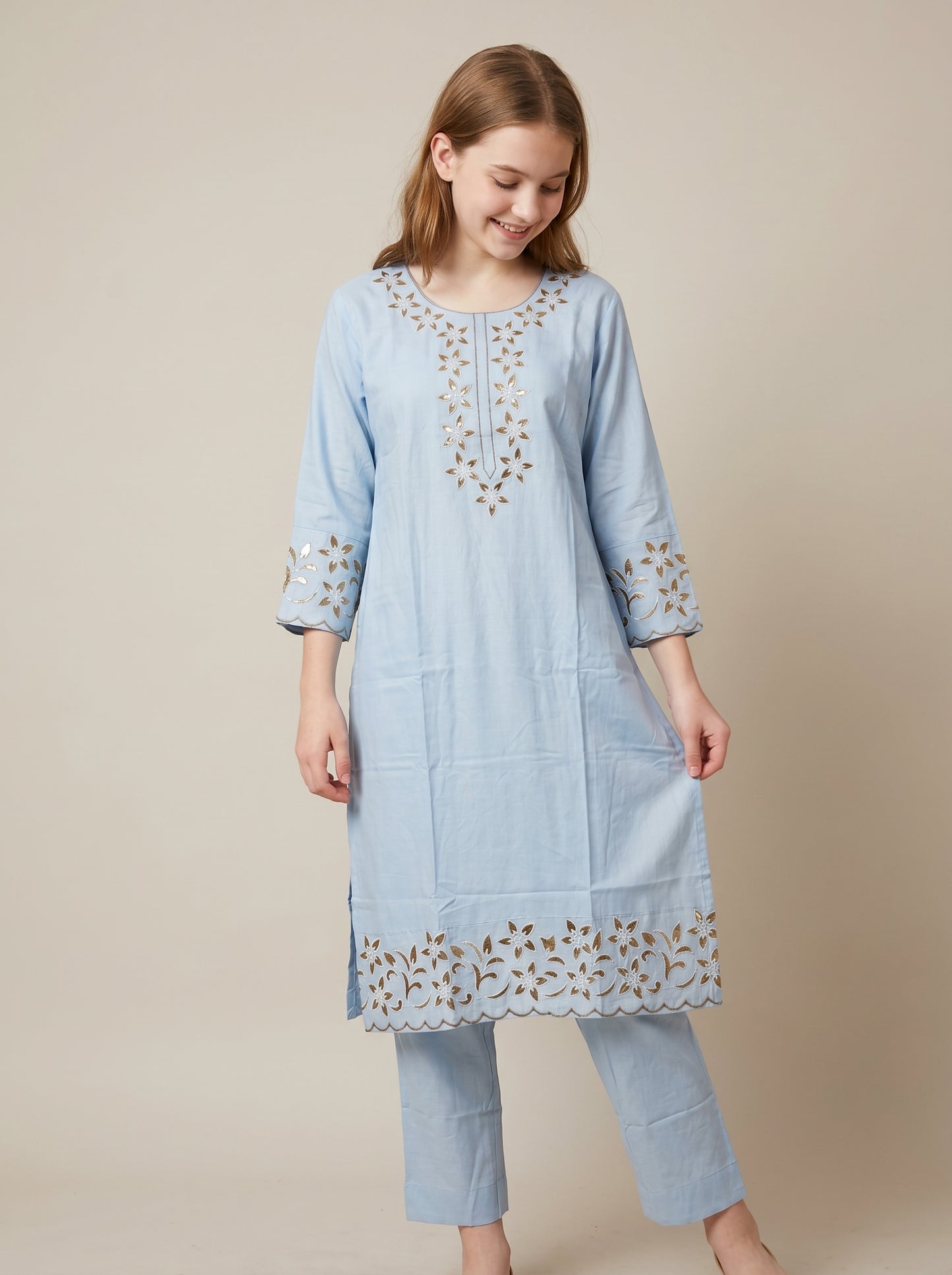 Cotton Embroidery Kurti Set 1557 Blue