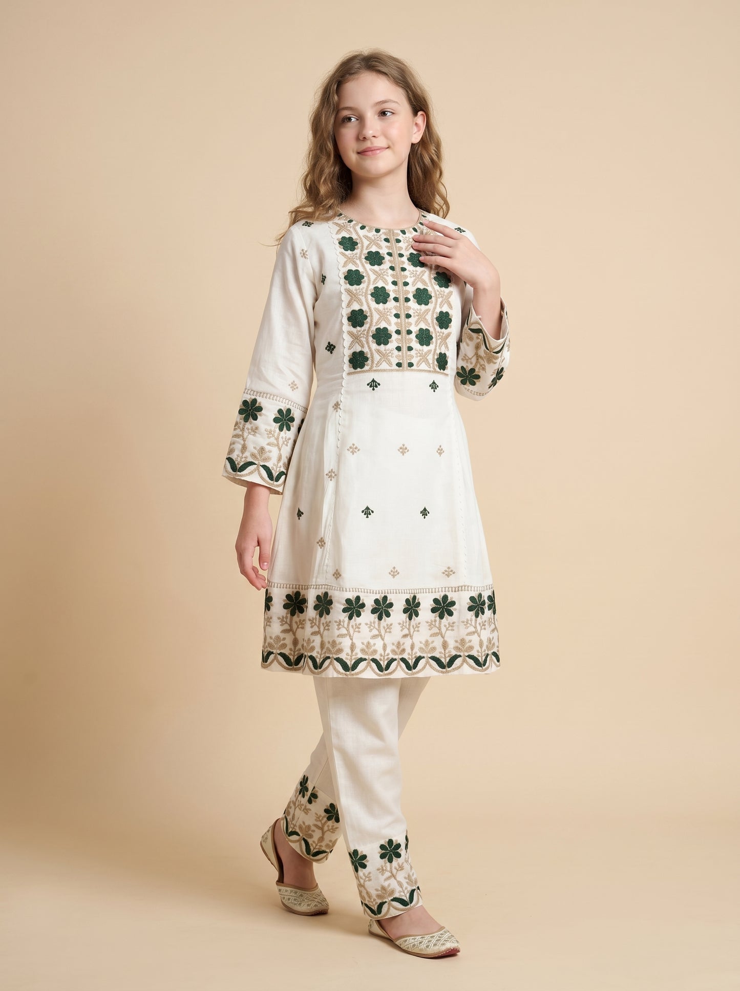 Cotton Embroidery Frock Set 4744 Cream With Dupatta