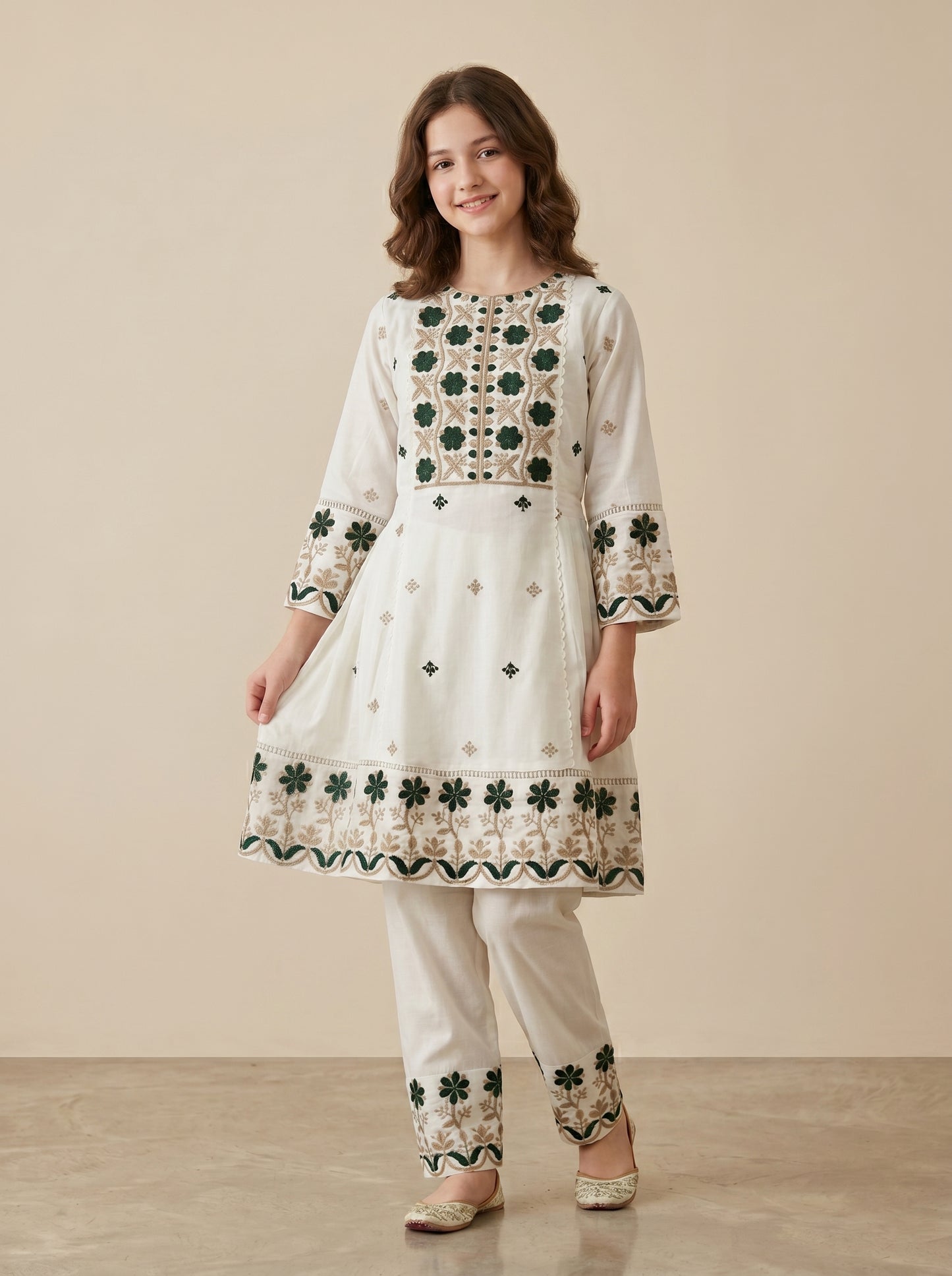 Cotton Embroidery Frock Set 4744 Cream With Dupatta