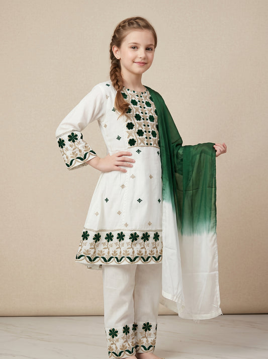 Cotton Embroidery Frock Set 4744 Cream With Dupatta
