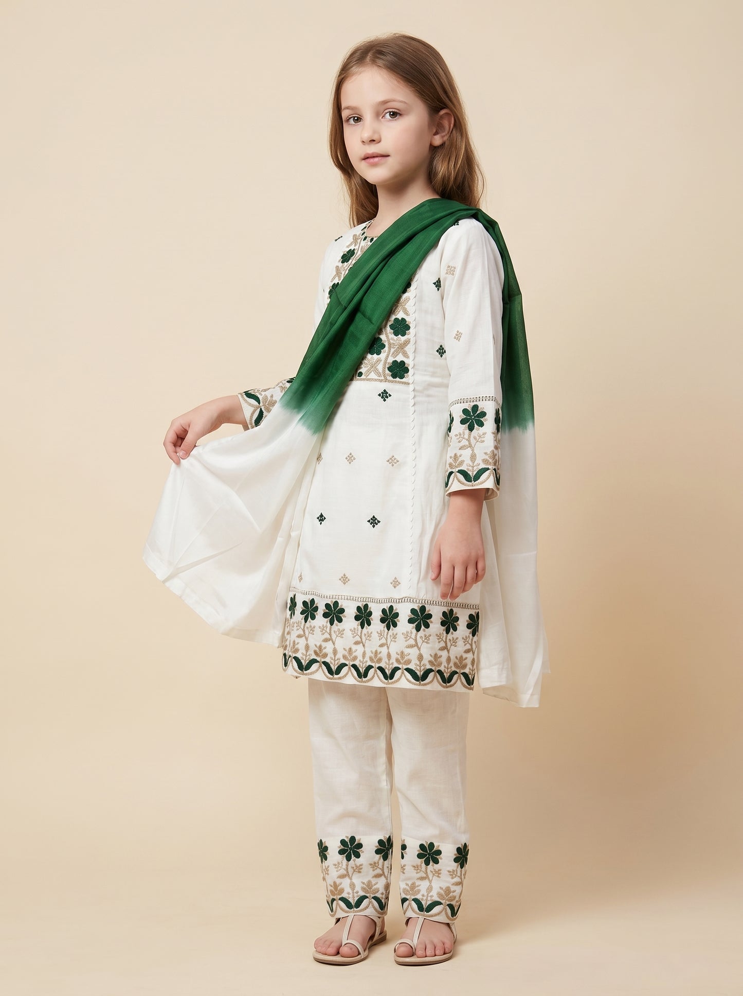 Cotton Embroidery Frock Set 4744 Cream With Dupatta
