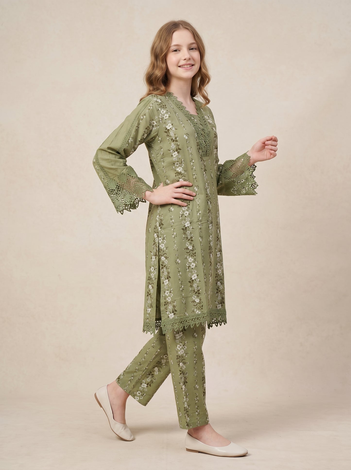 Cotton Printed Lace Work Kurti Set 1564 Green