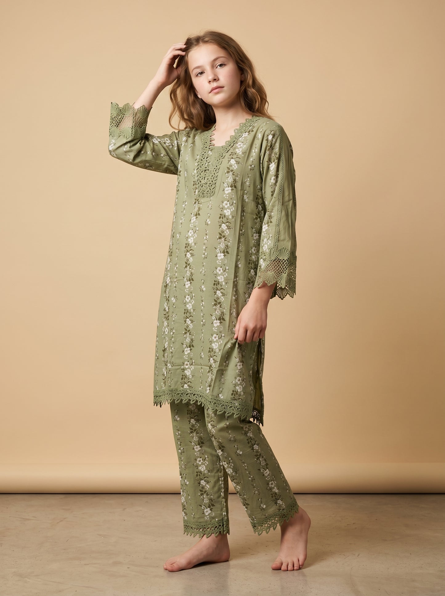 Cotton Printed Lace Work Kurti Set 1564 Green