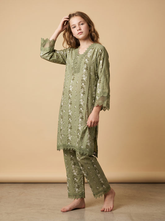 Cotton Printed Lace Work Kurti Set 1564 Green