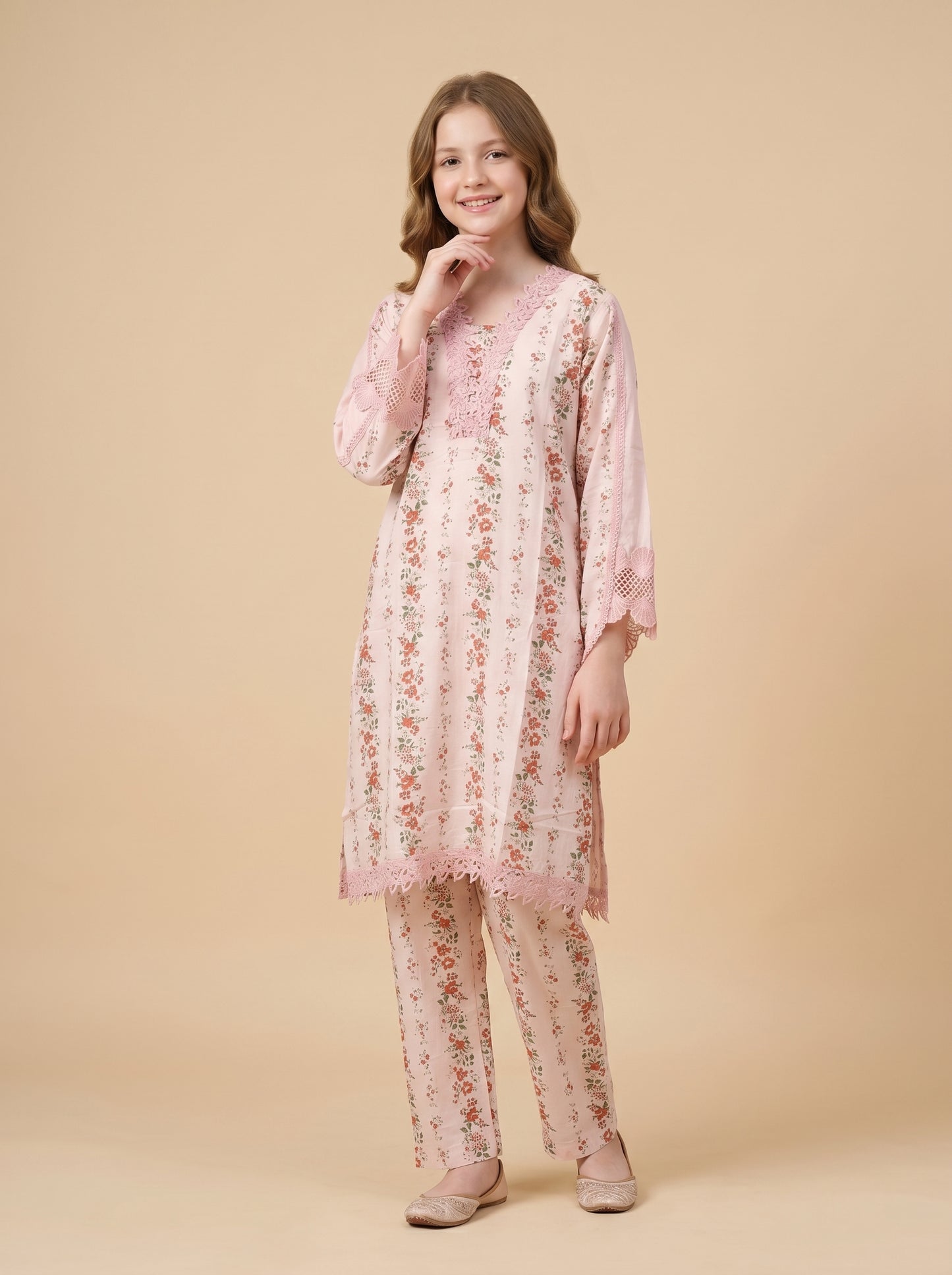 Cotton Printed Lace work kurti set 1565 Pink