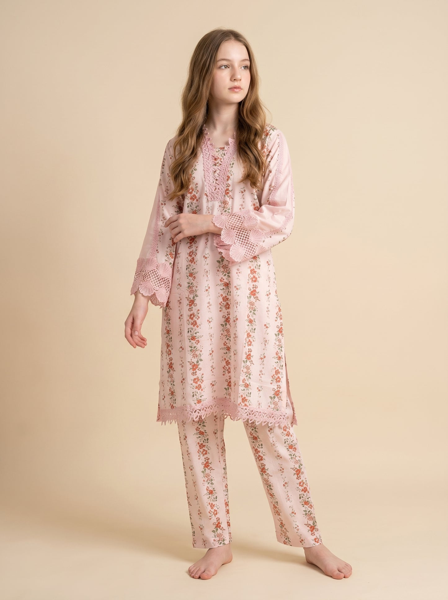 Cotton Printed Lace work kurti set 1565 Pink