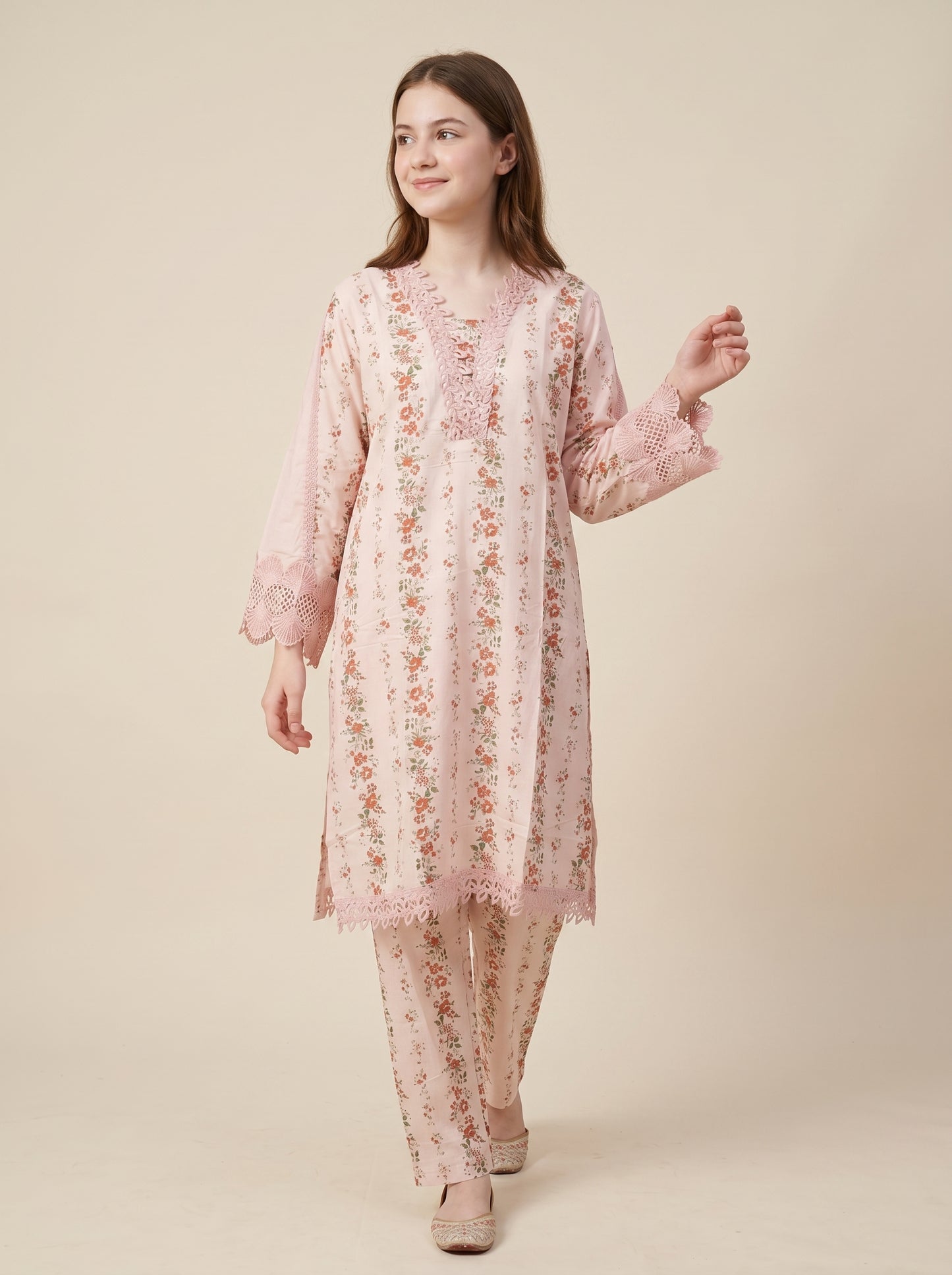 Cotton Printed Lace work kurti set 1565 Pink