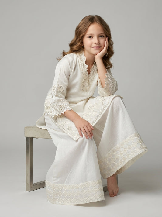 Georgette Embroidery Kurti Plazo set 1567 white